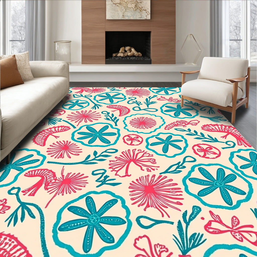 Coral Teal Floral Abstract Pattern Rug