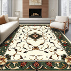 Ornate Floral Swirls In Cream And Green Rug