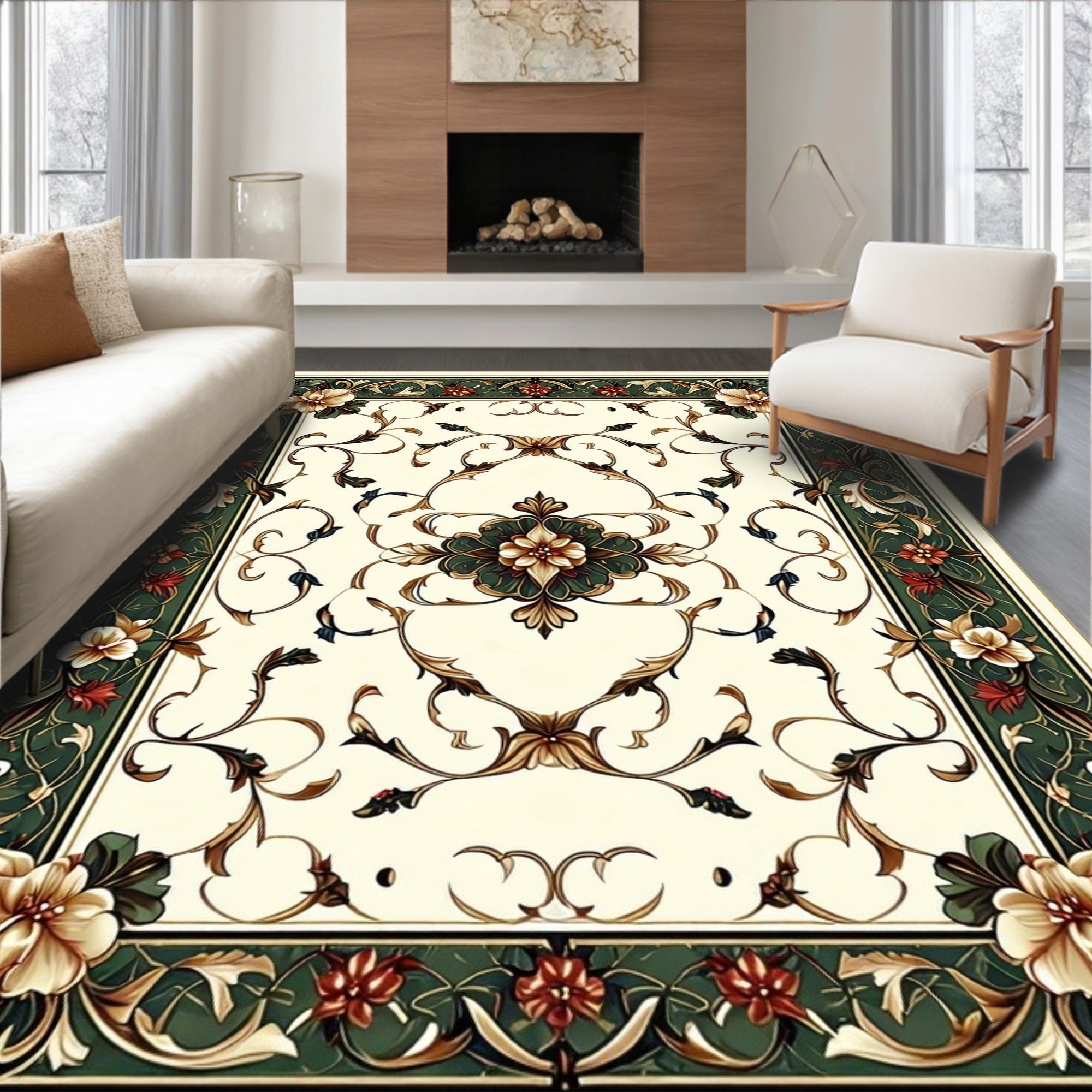 Ornate Floral Swirls In Cream And Green Rug