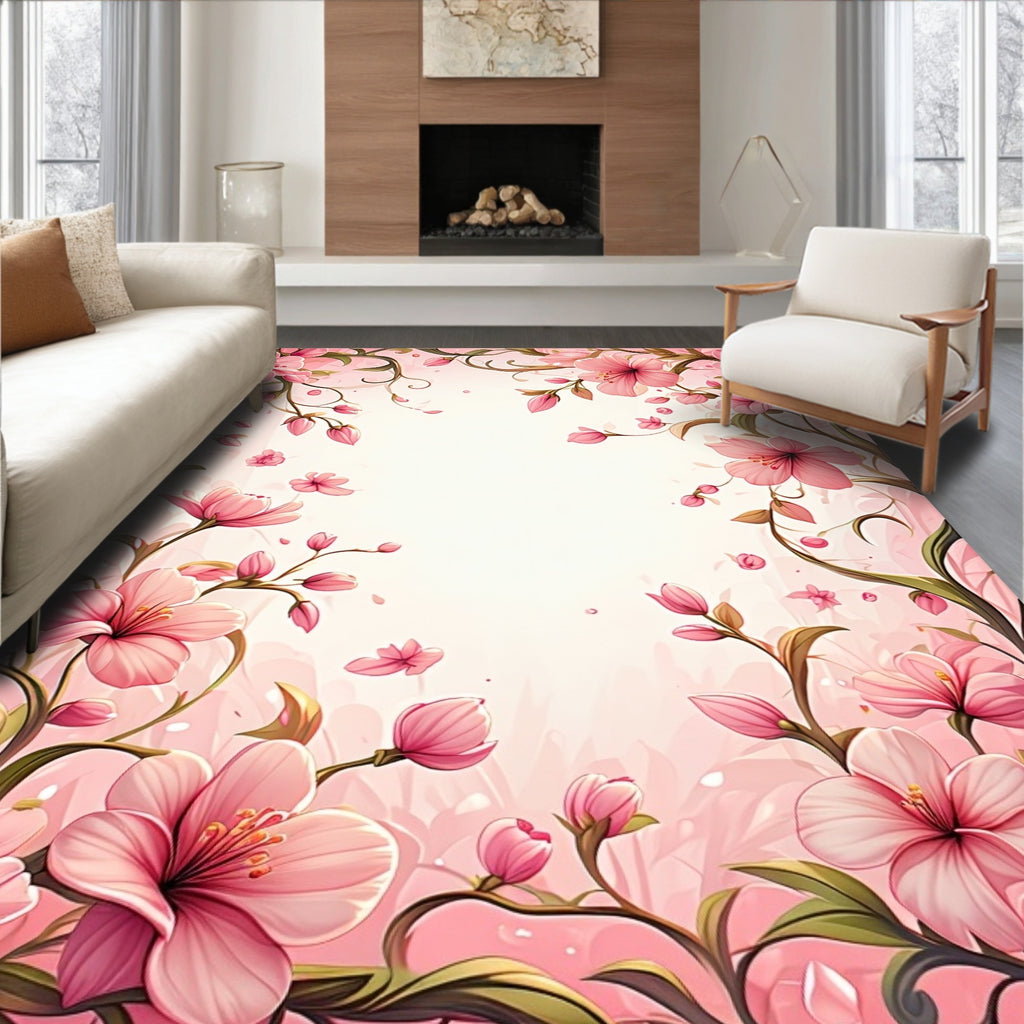 Soft Pink Cherry Blossom Vine Design Rug