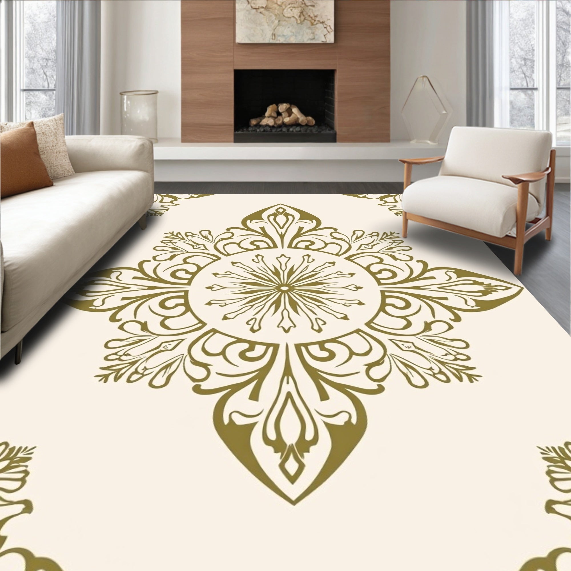 Elaborate Ornamental Golden Floral Medallion Design Rug