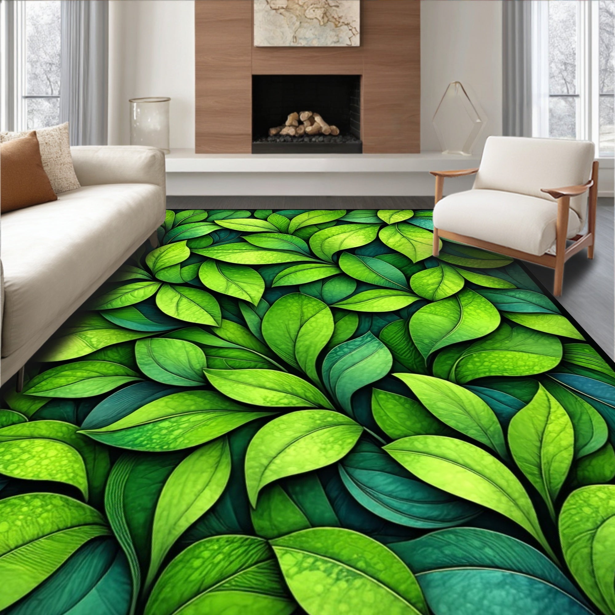 Lush Green Leaf Garden Pattern Rug
