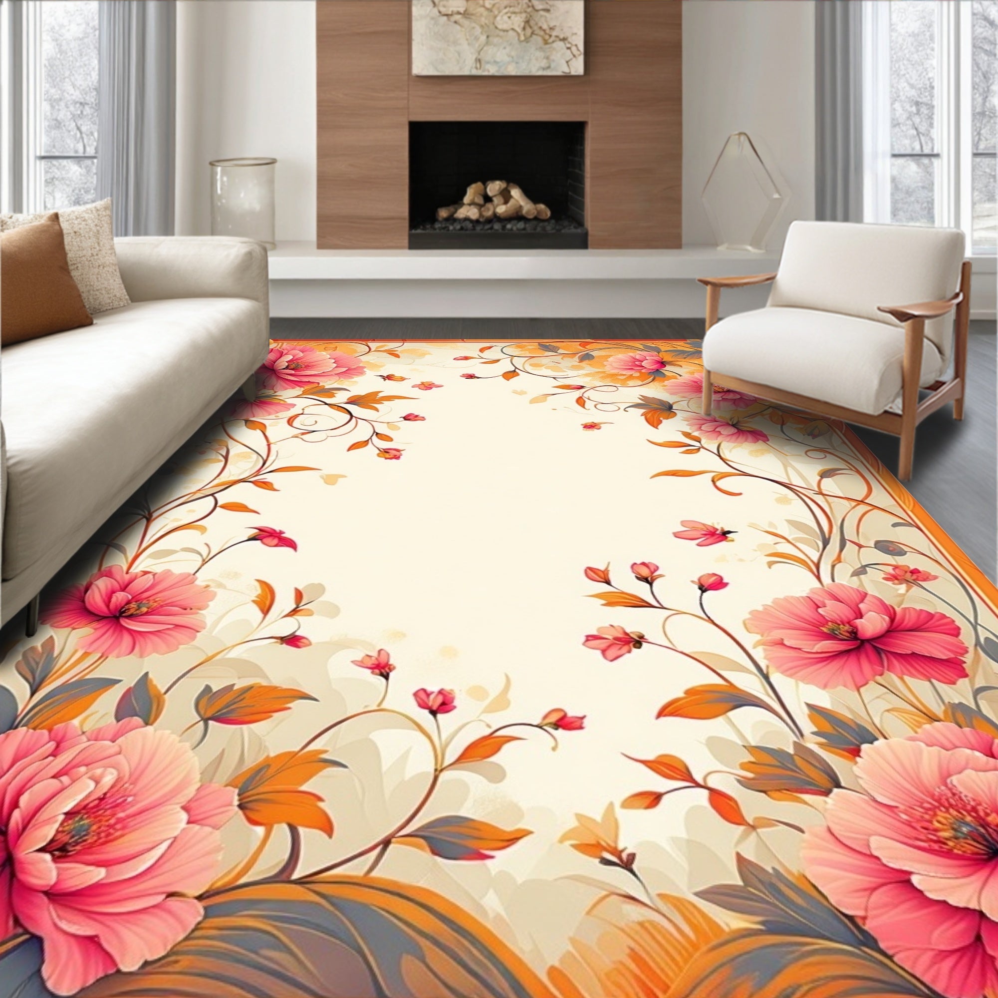 Pink Floral Vine Scroll Pattern Rug