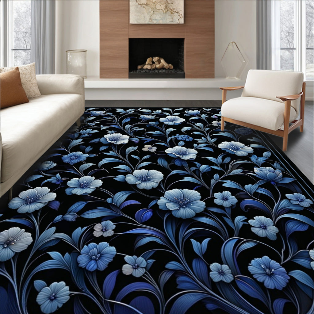 Midnight Blues Floral Vine Pattern Rug