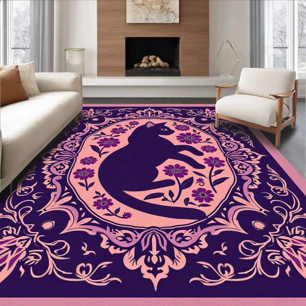 Ornate Black Cat Floral Pattern Rug