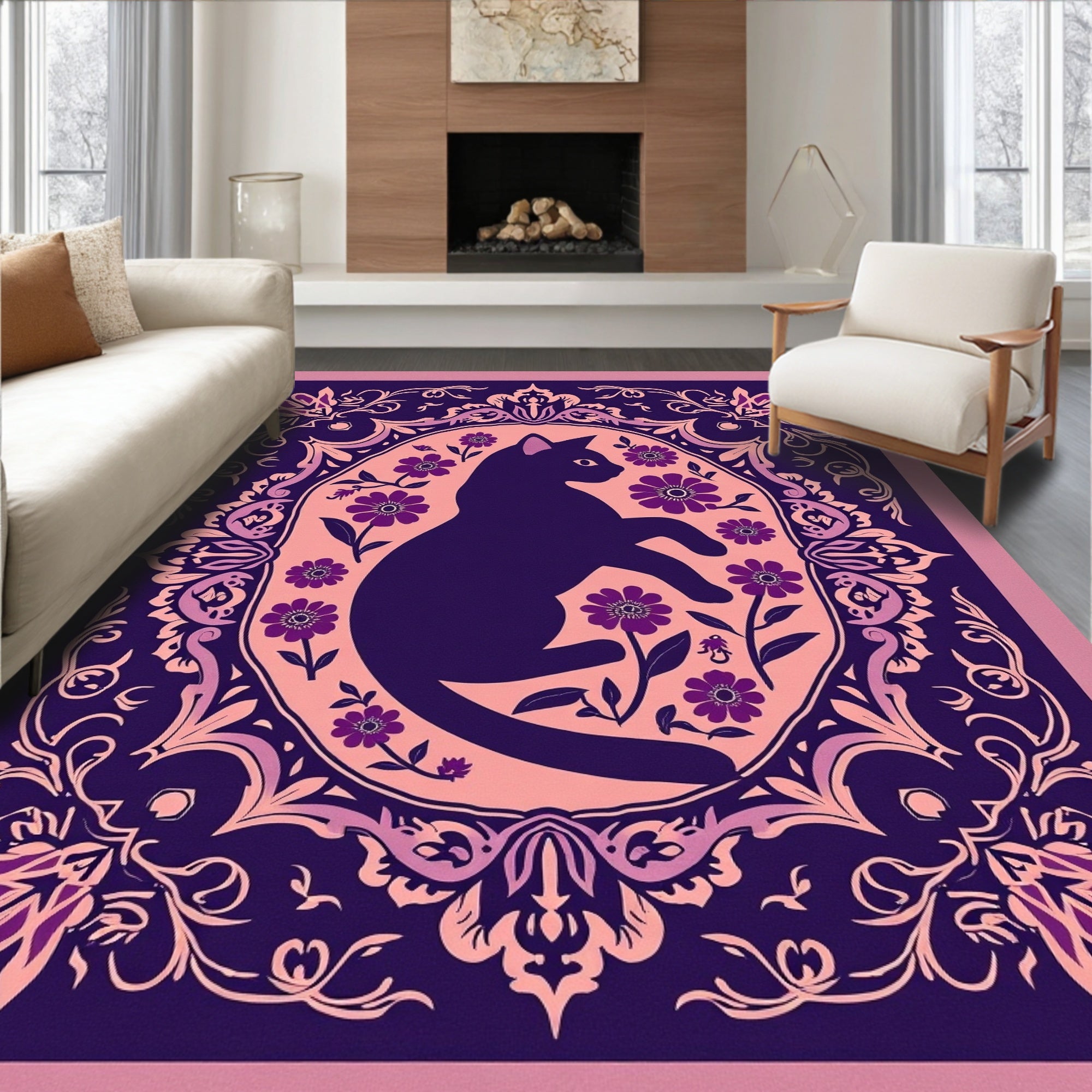Ornate Black Cat Floral Pattern Rug