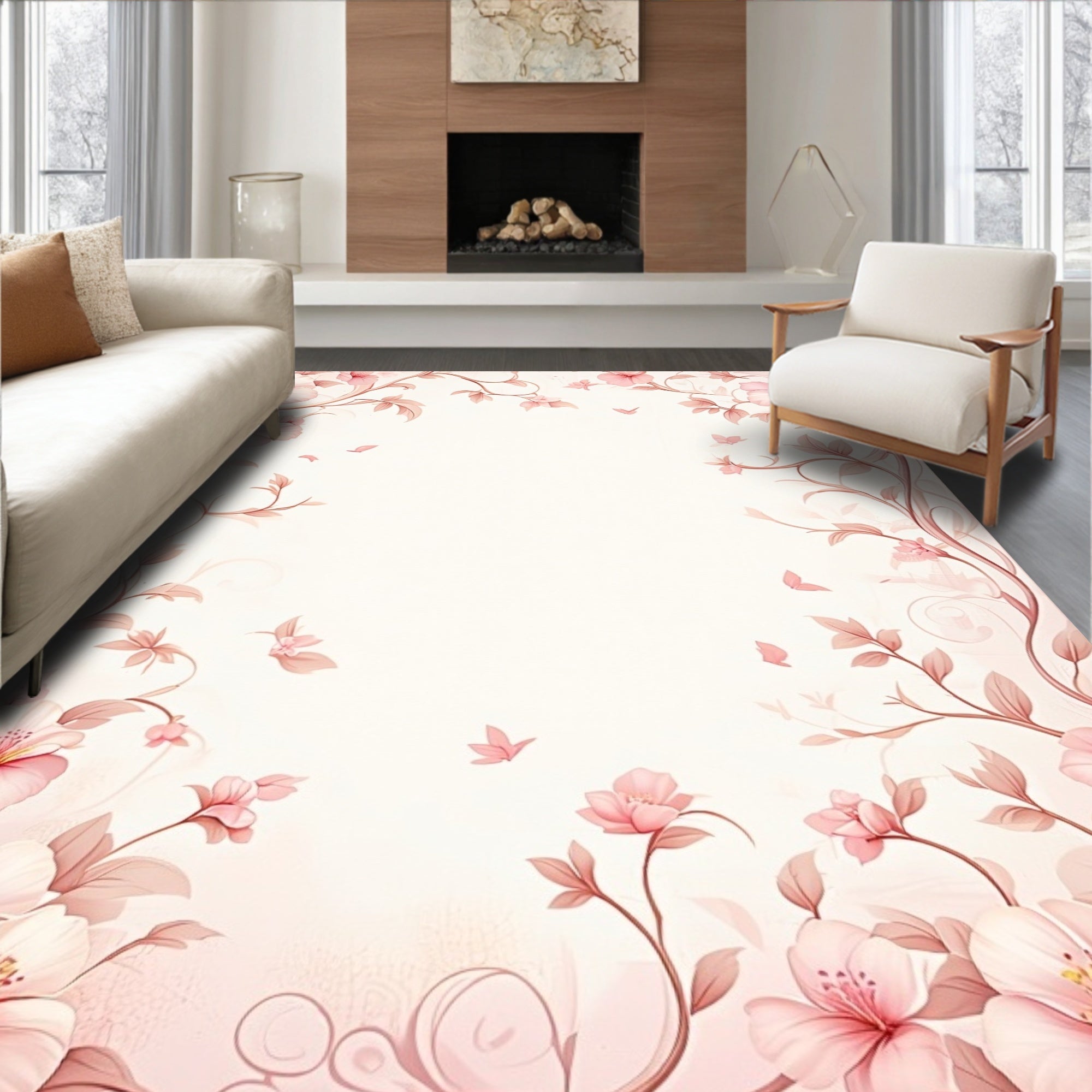 Soft Pink Floral Scrollwork Garden Rug