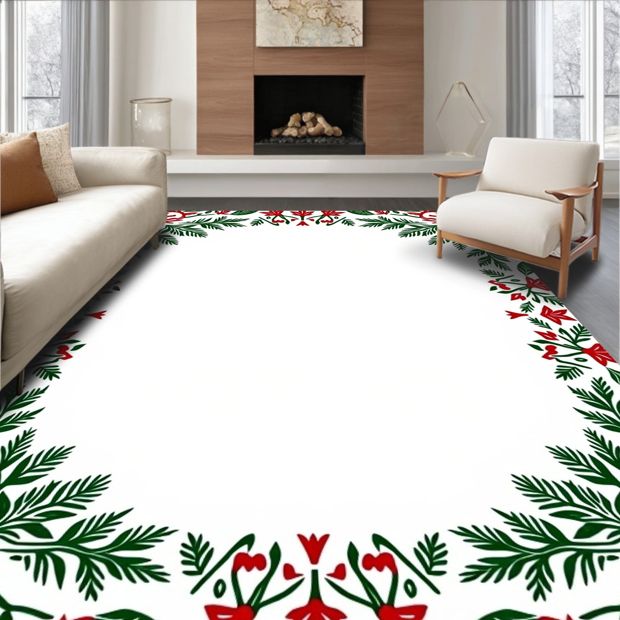 Crimson Green Bordered Floral Frame Rug