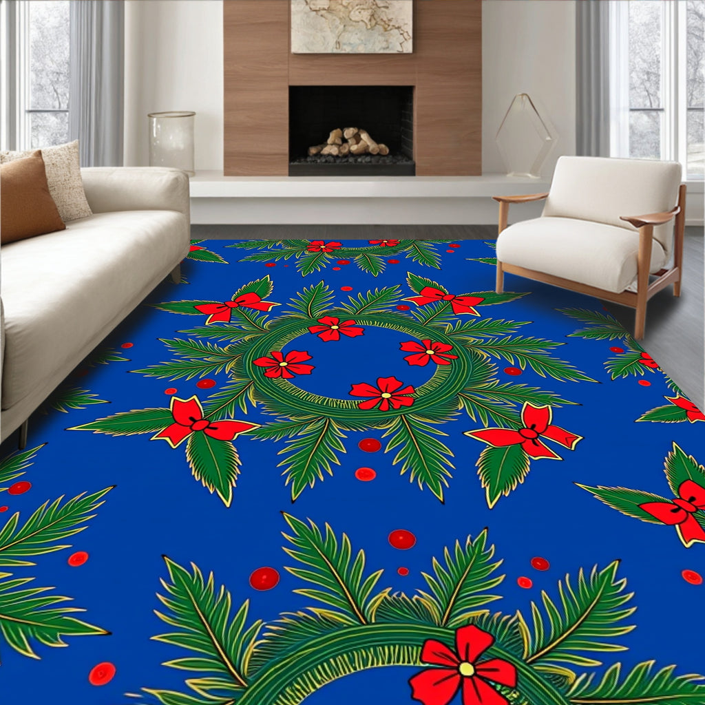 Festive Red Bow Green Pine Wreath Blue Rug
