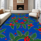 Festive Red Bow Green Pine Wreath Blue Rug