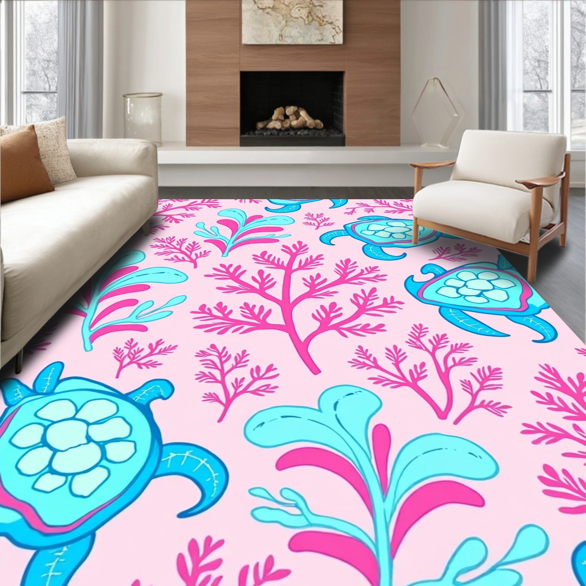 Sea Turtle Coral Pattern Rug