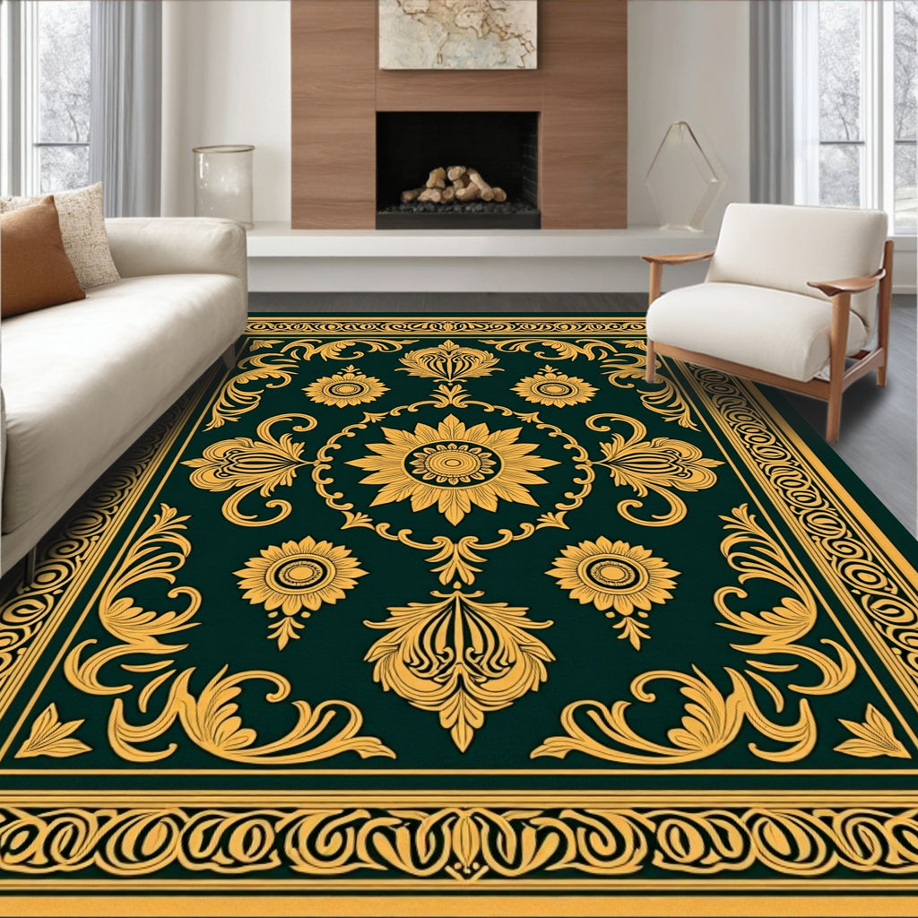 Ornate Gold Floral Bordered Emerald Rug