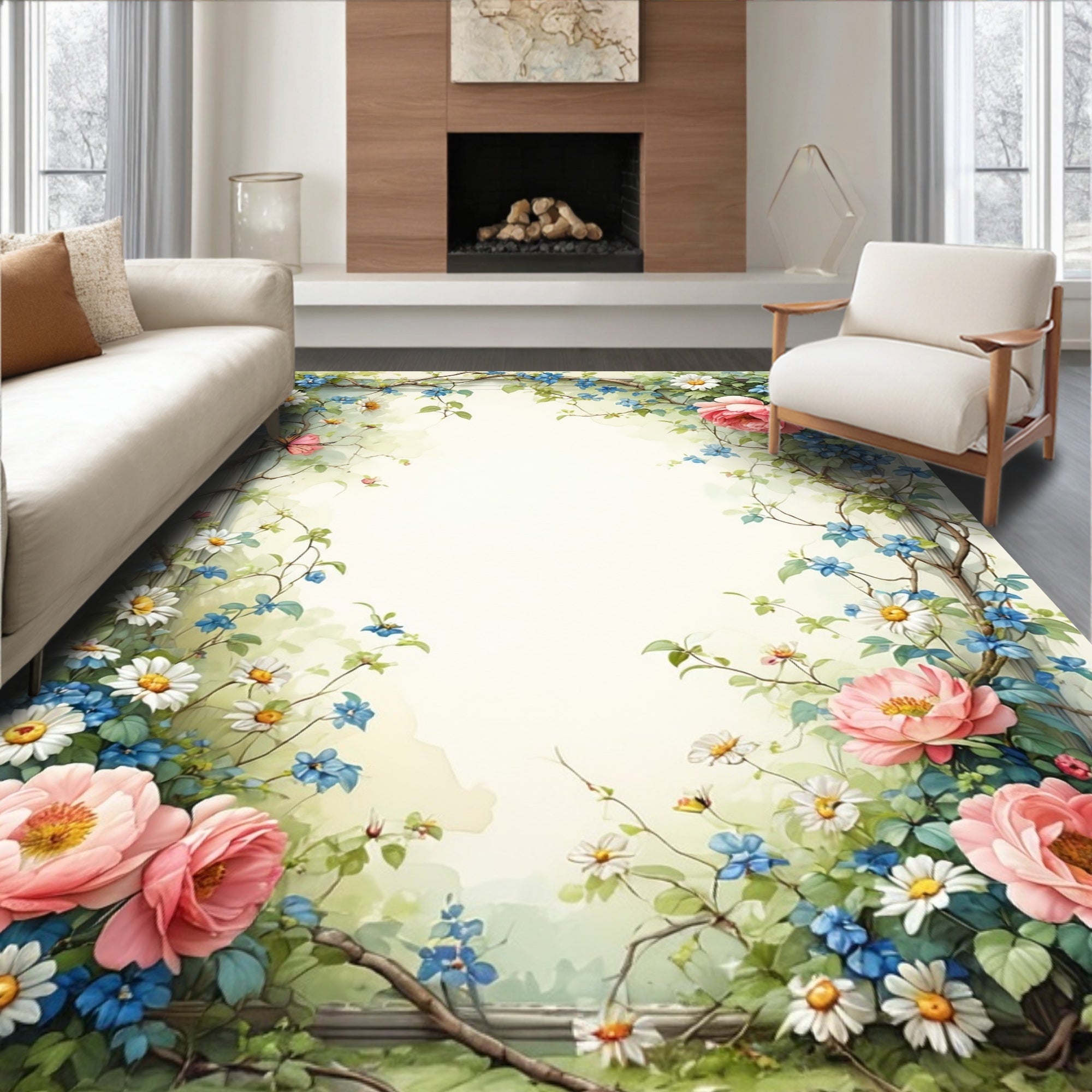 Whimsical Floral Vines Blossoms Rug