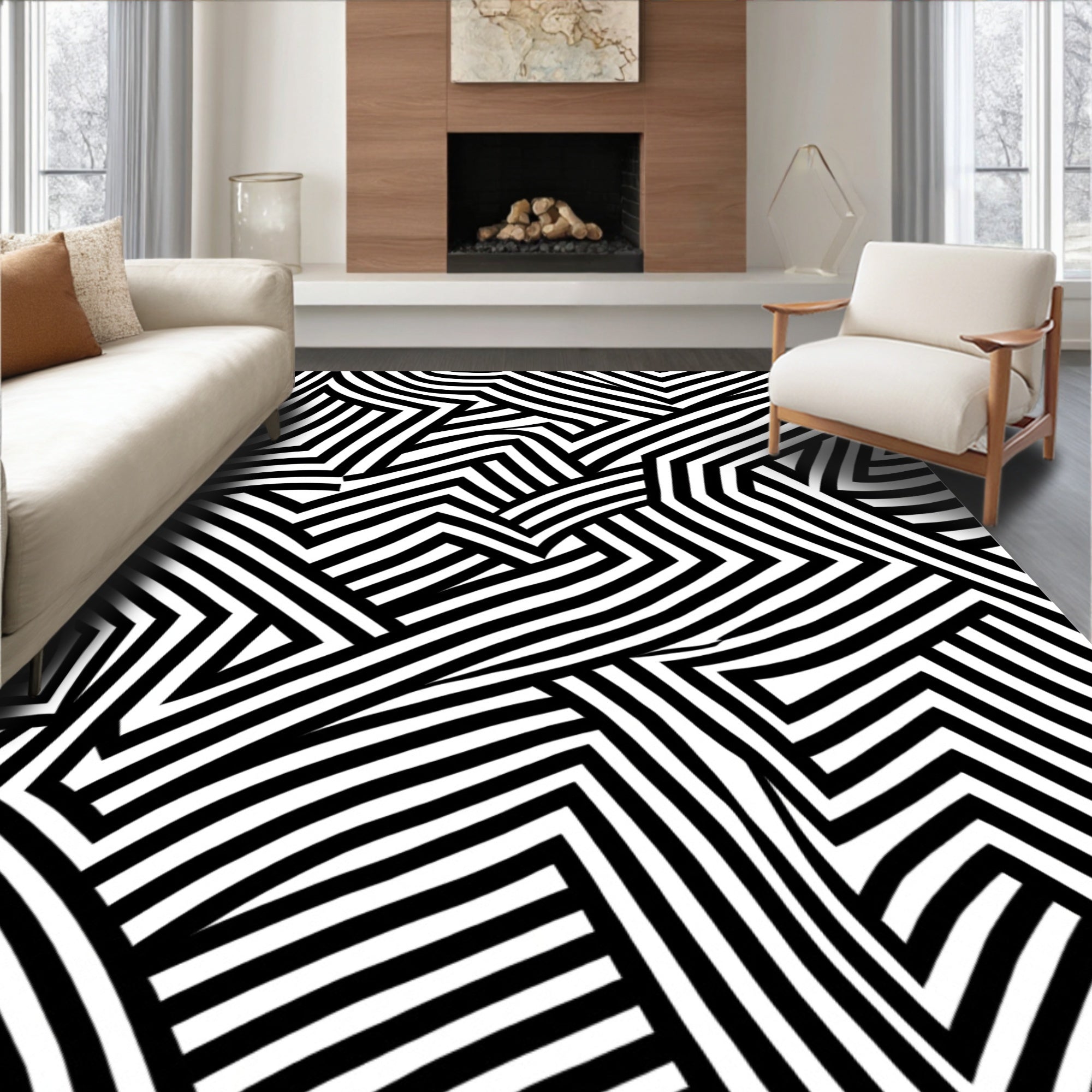 Striking Black and White Geometric Maze Rug