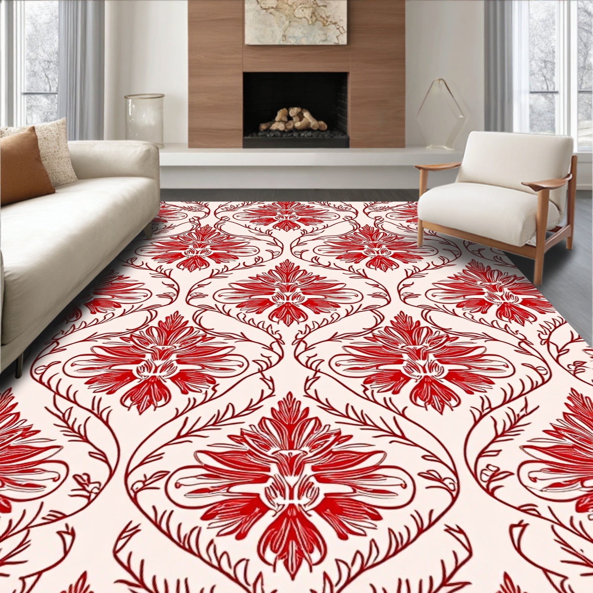 Elegant Red Floral Damask Pattern Rug