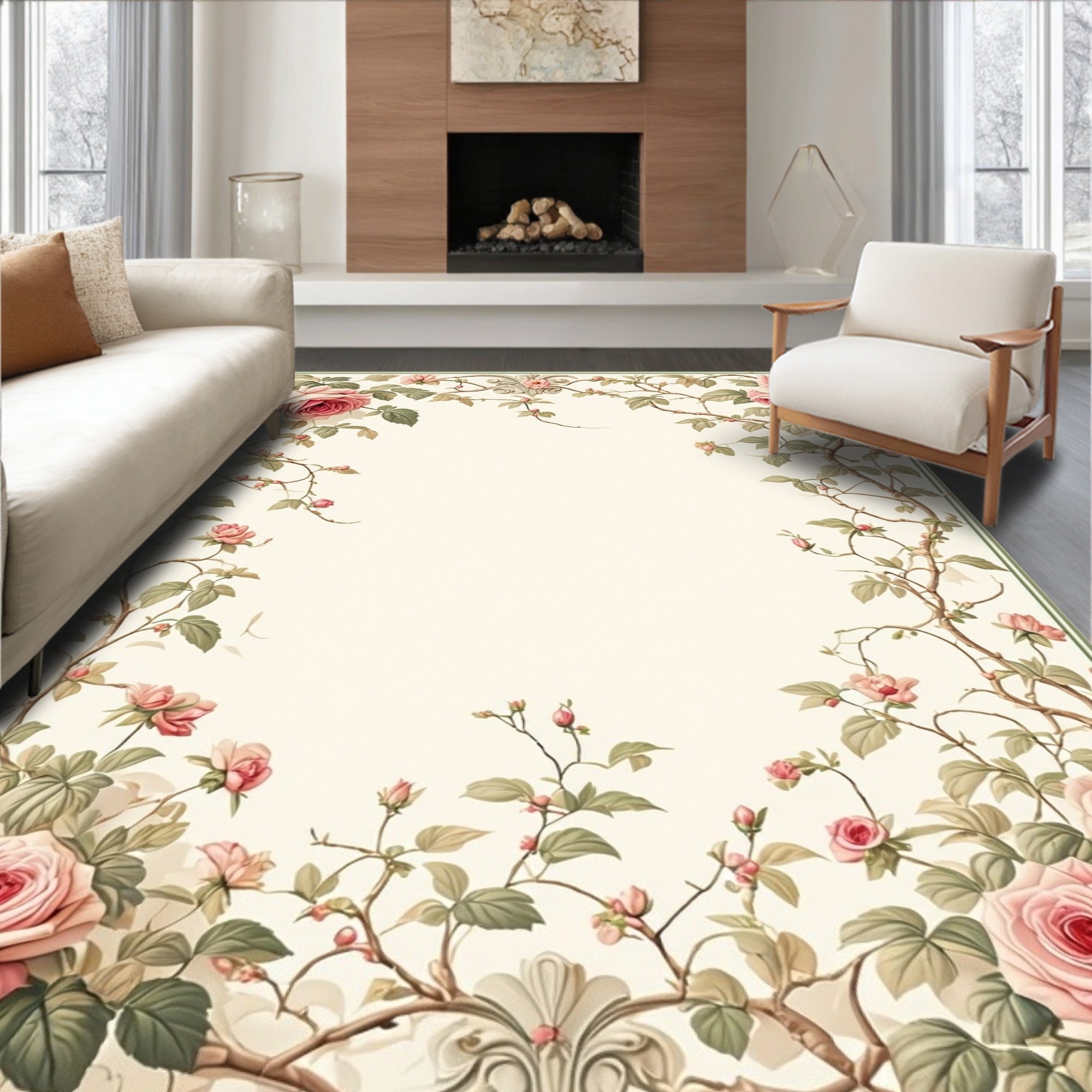 Romantic Pink Roses Vine Pattern Rug