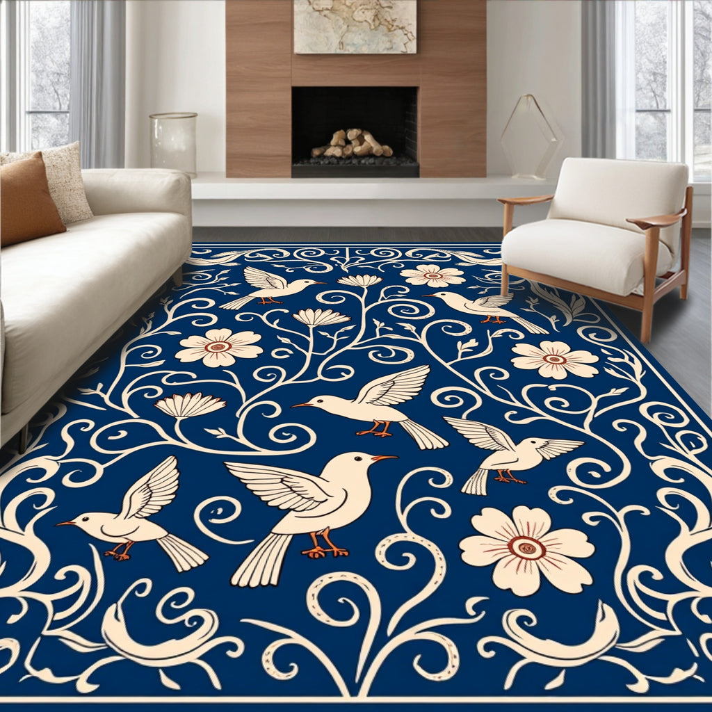 Navy Birds and Flowers Folk Art Rug