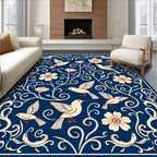 Navy Birds and Flowers Folk Art Rug
