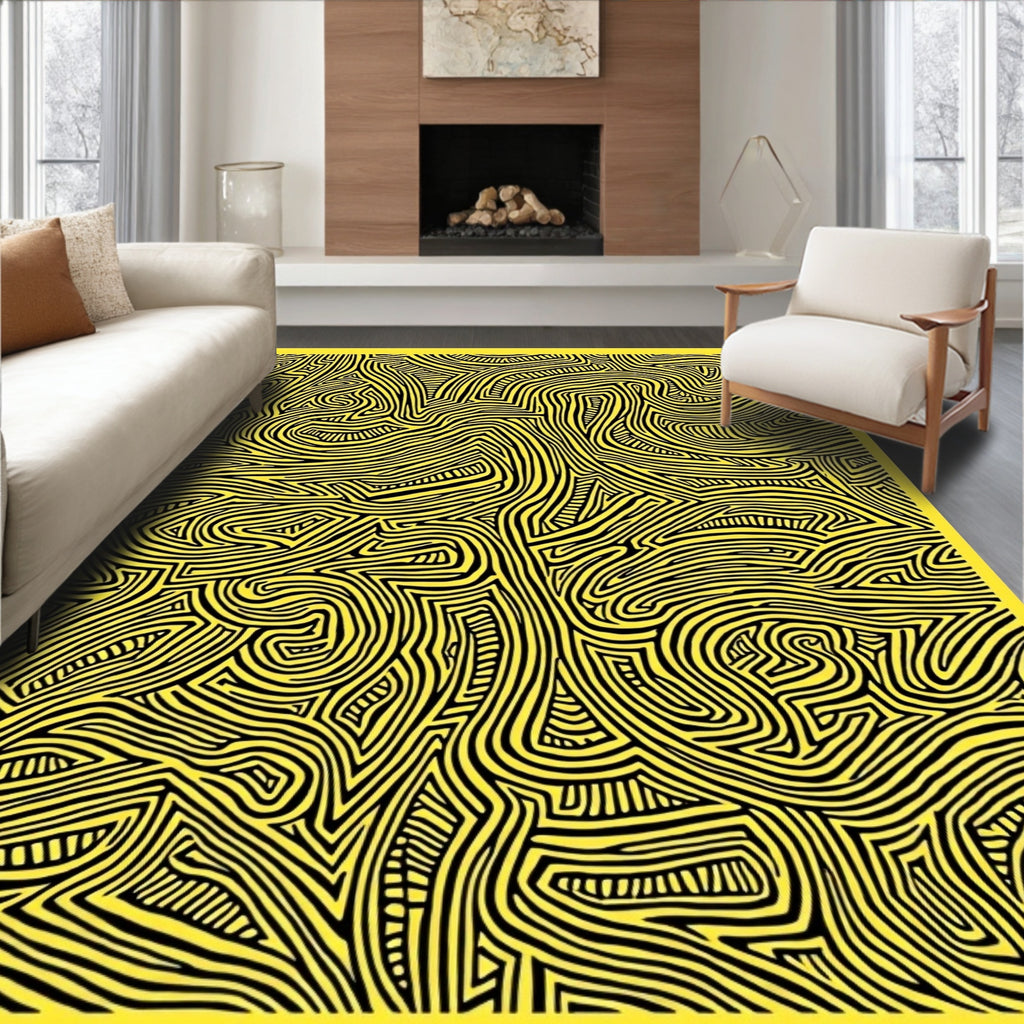 Abstract Yellow Black Maze Lines Design Rug