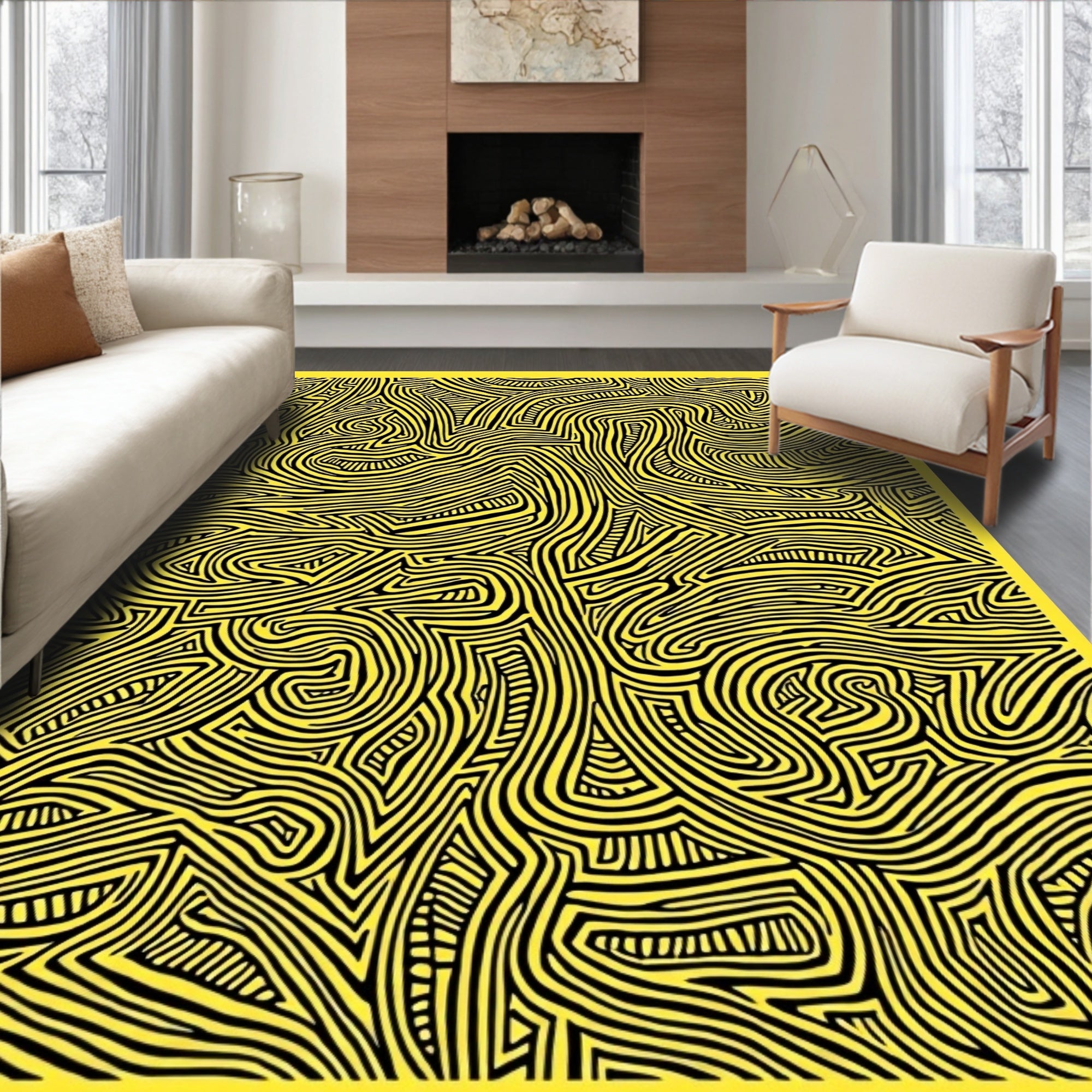Abstract Yellow Black Maze Lines Design Rug