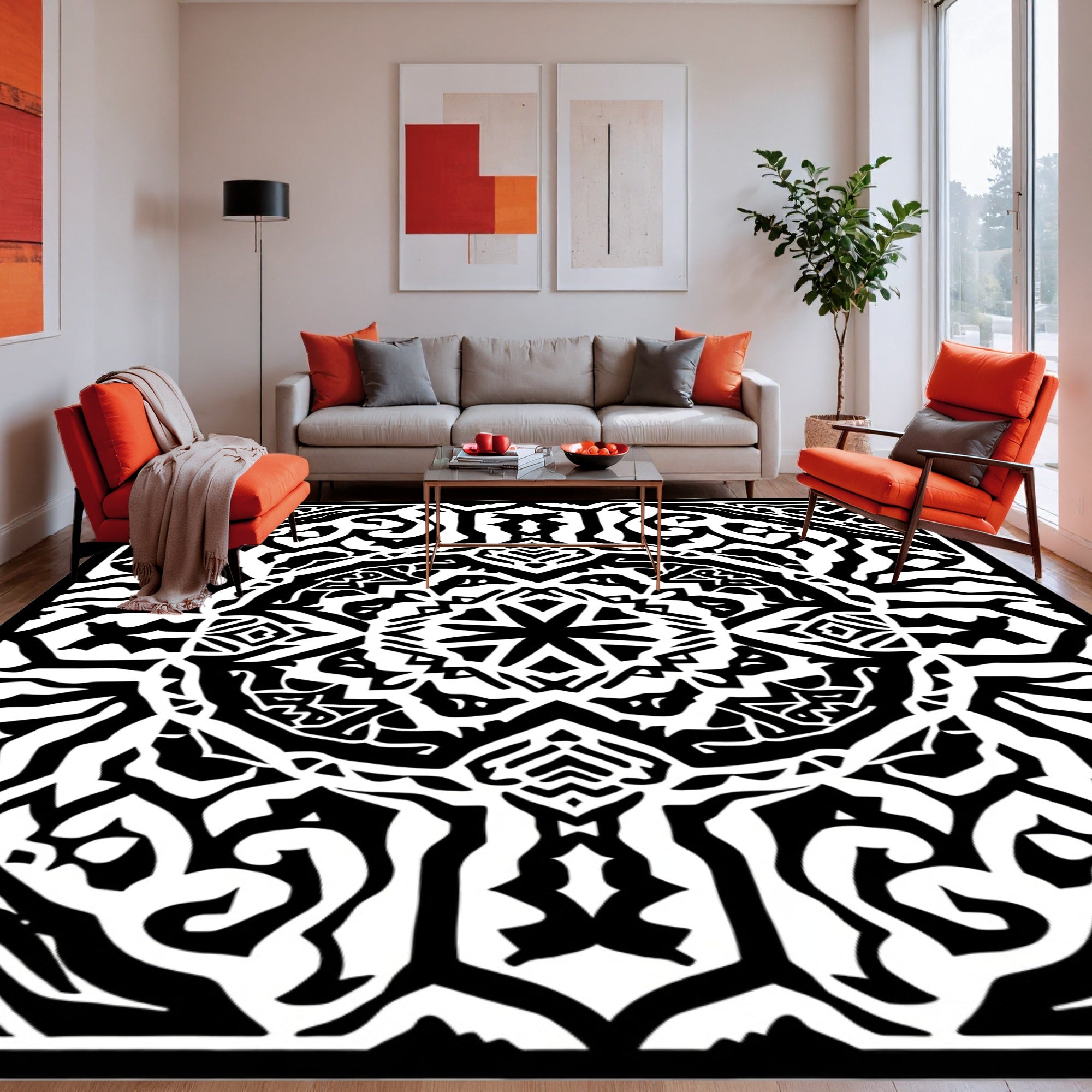 Intricate Black and White Abstract Mandala Design Rug