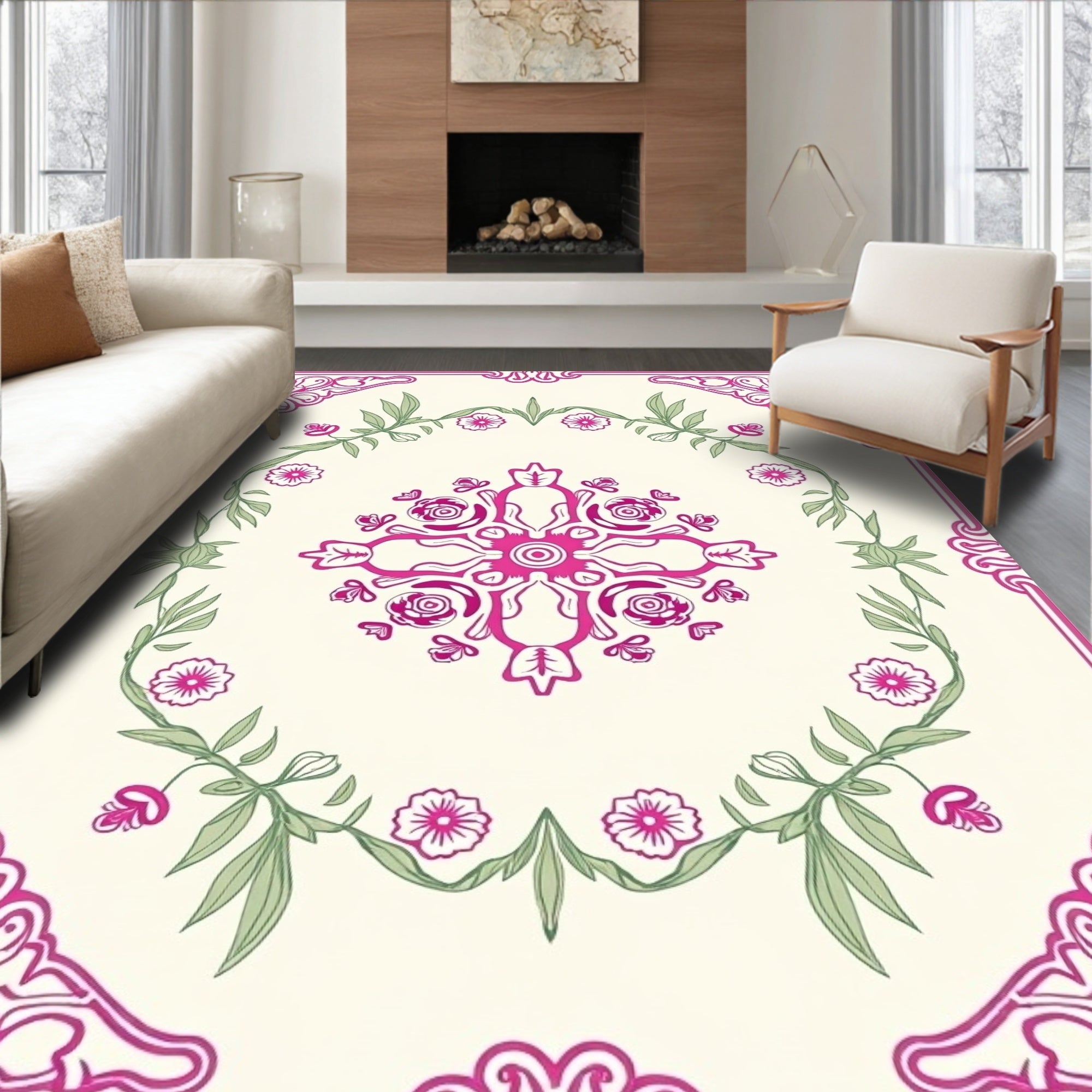 Framed Floral Vine Design Rug