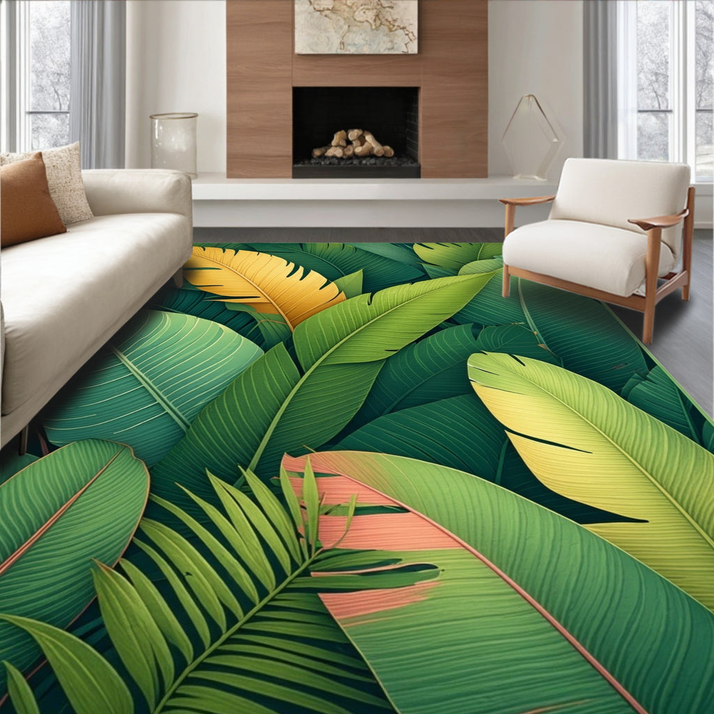 Tropical Leaf Pattern With Gold Accent Rug