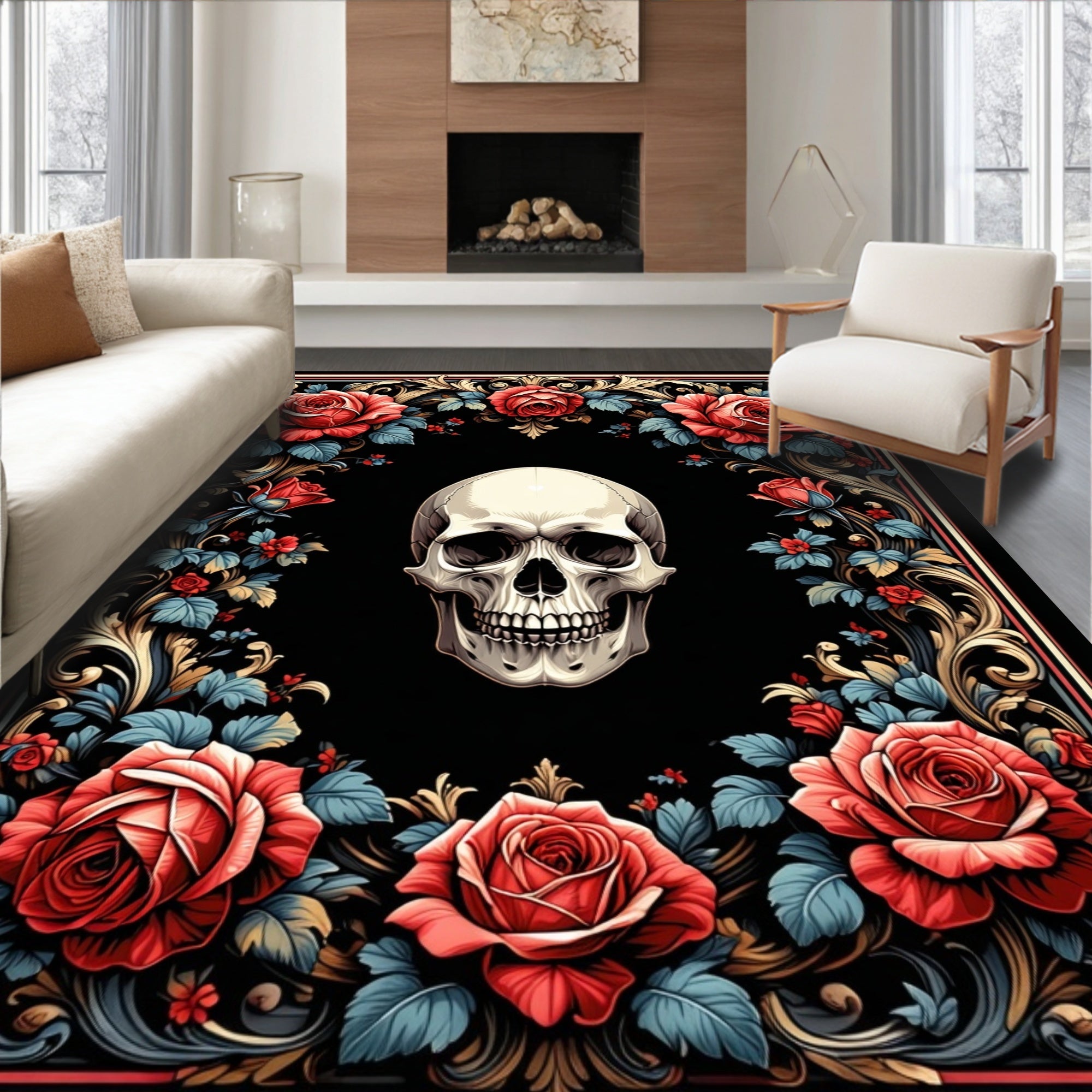 Gothic Skull Rose Frame Design Rug