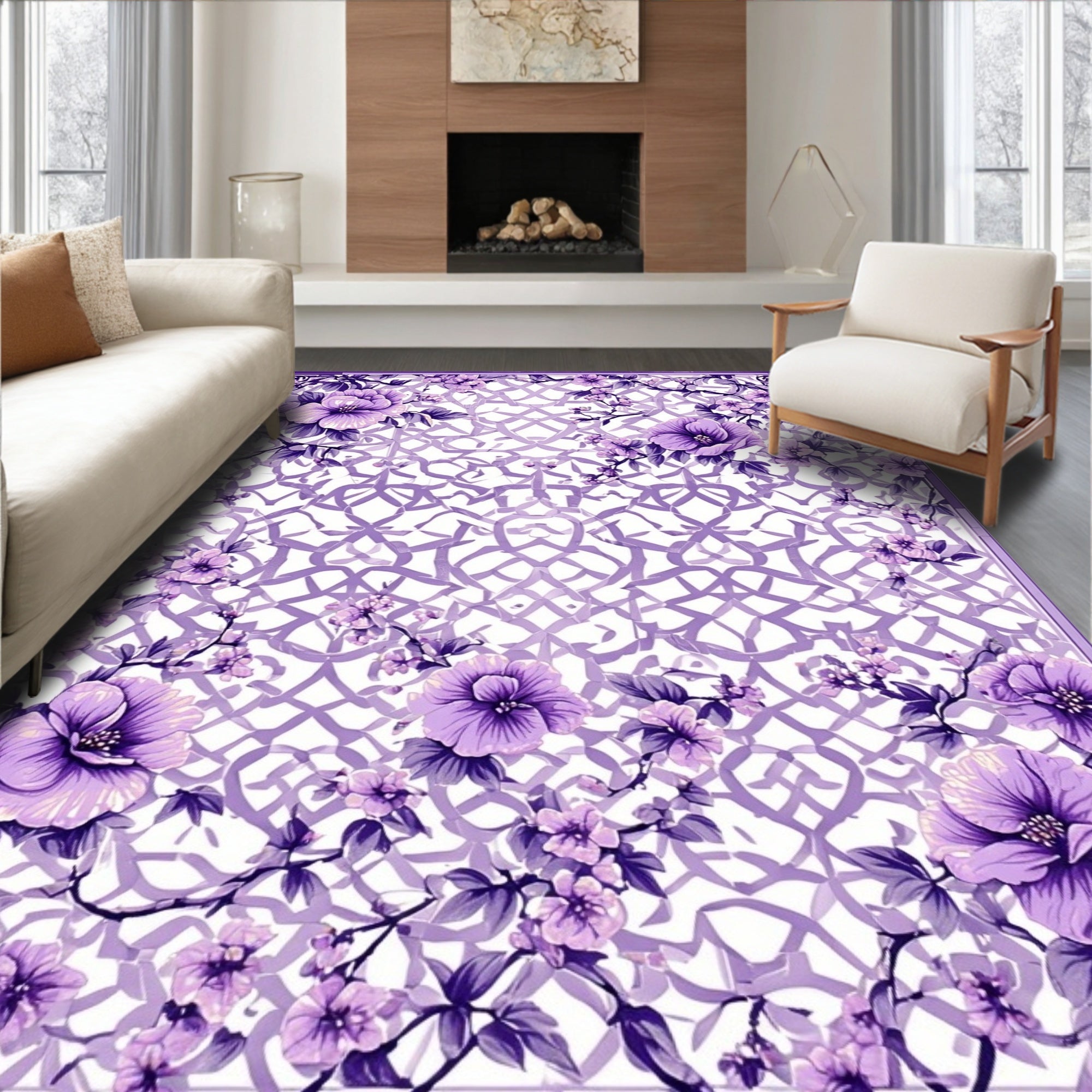 Elegant Violet Floral Lattice Pattern Rug