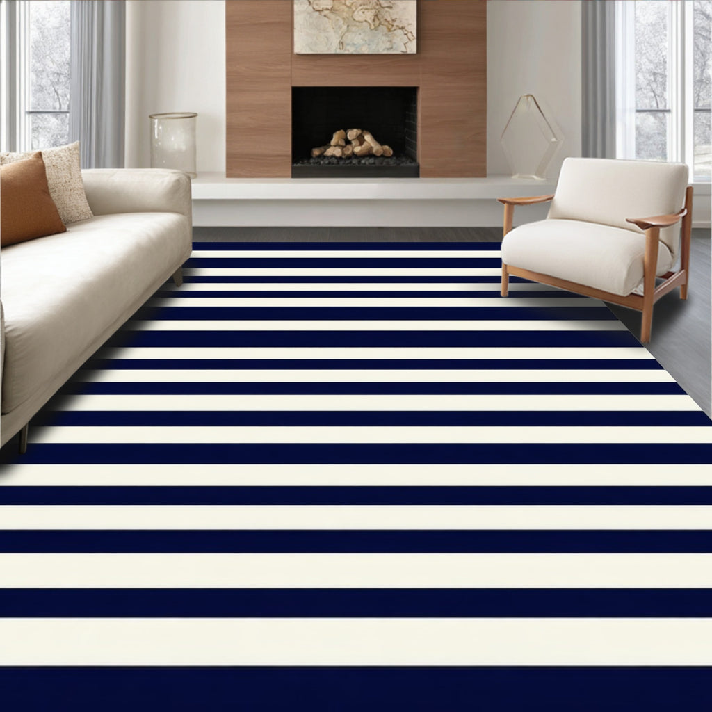 Classic Navy White Stripe Design Rug