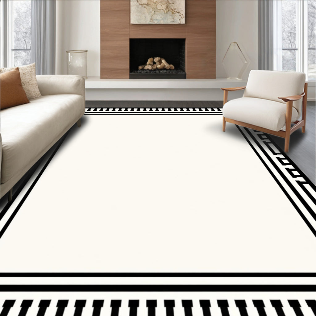 Classic Black White Geometric Border Rug