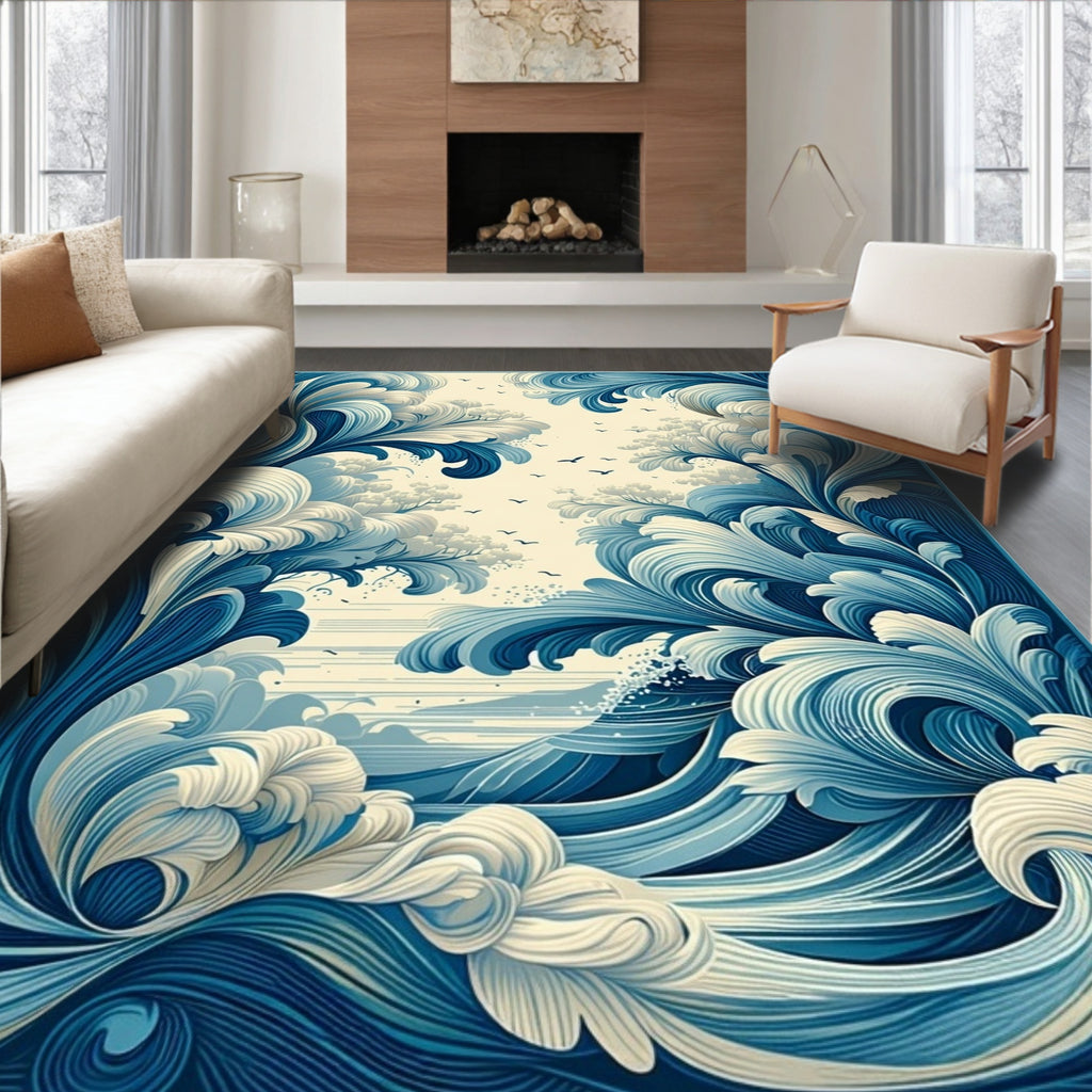 Dynamic Blue White Swirling Waves Rug