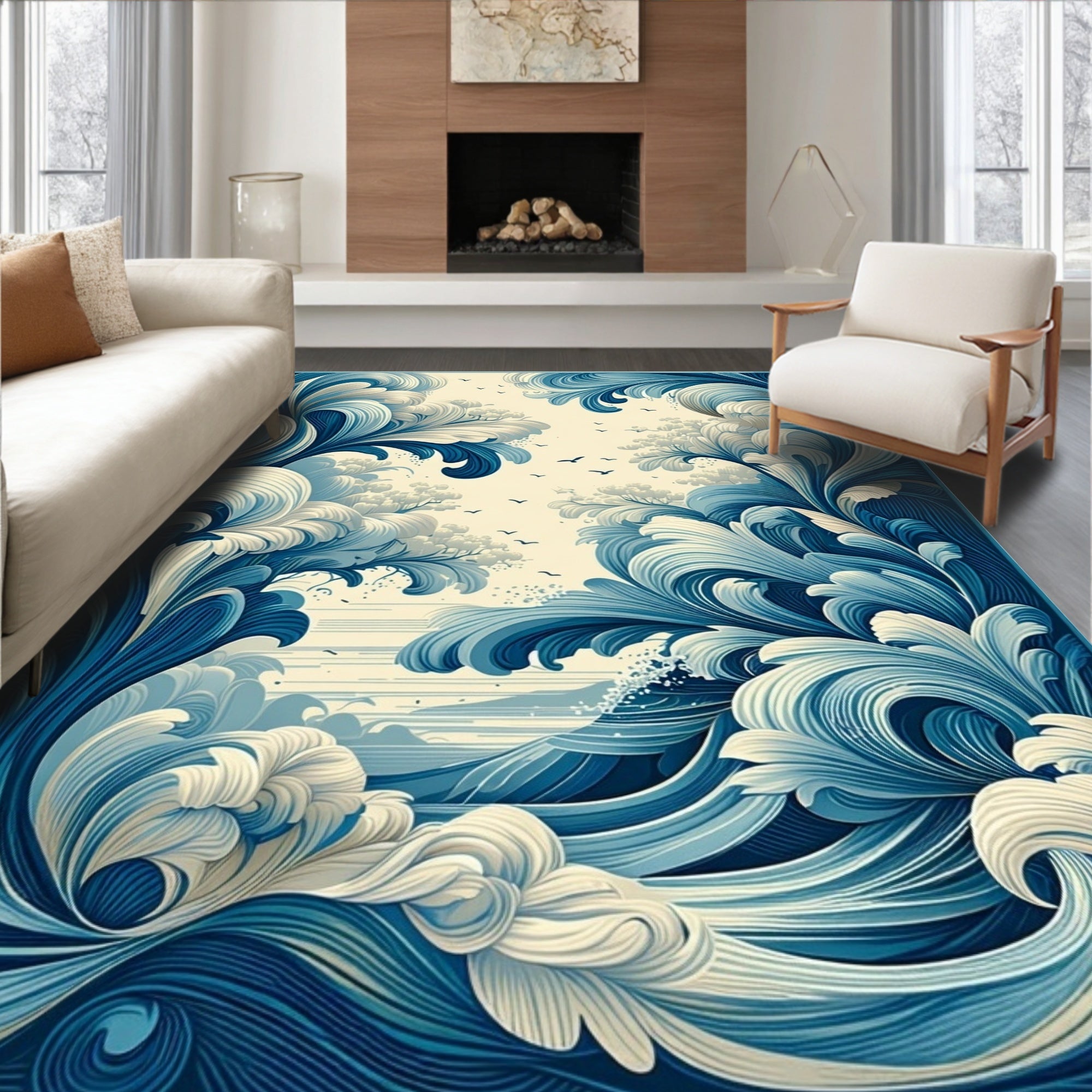 Dynamic Blue White Swirling Waves Rug