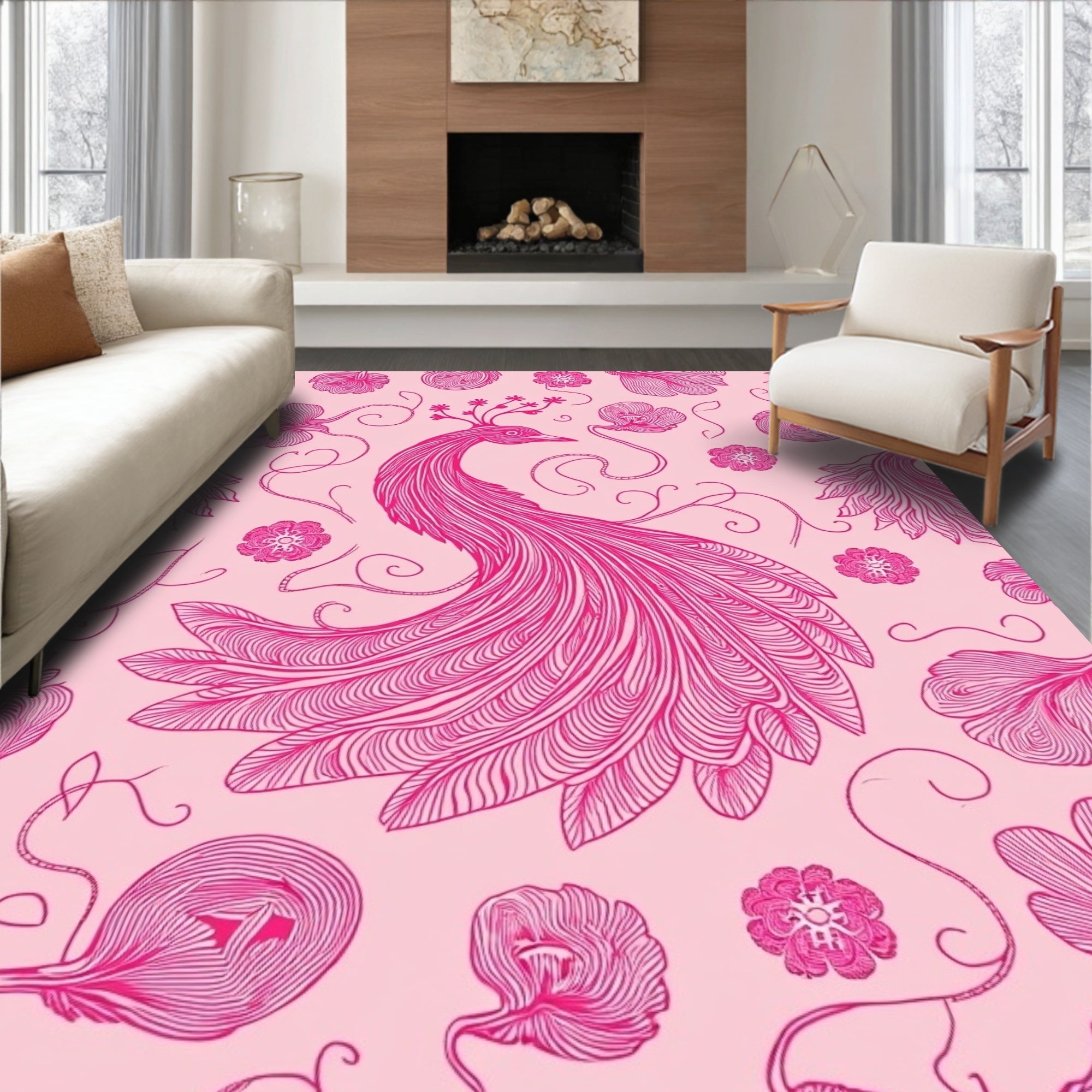 Pink Peacock Floral Line Art Rug