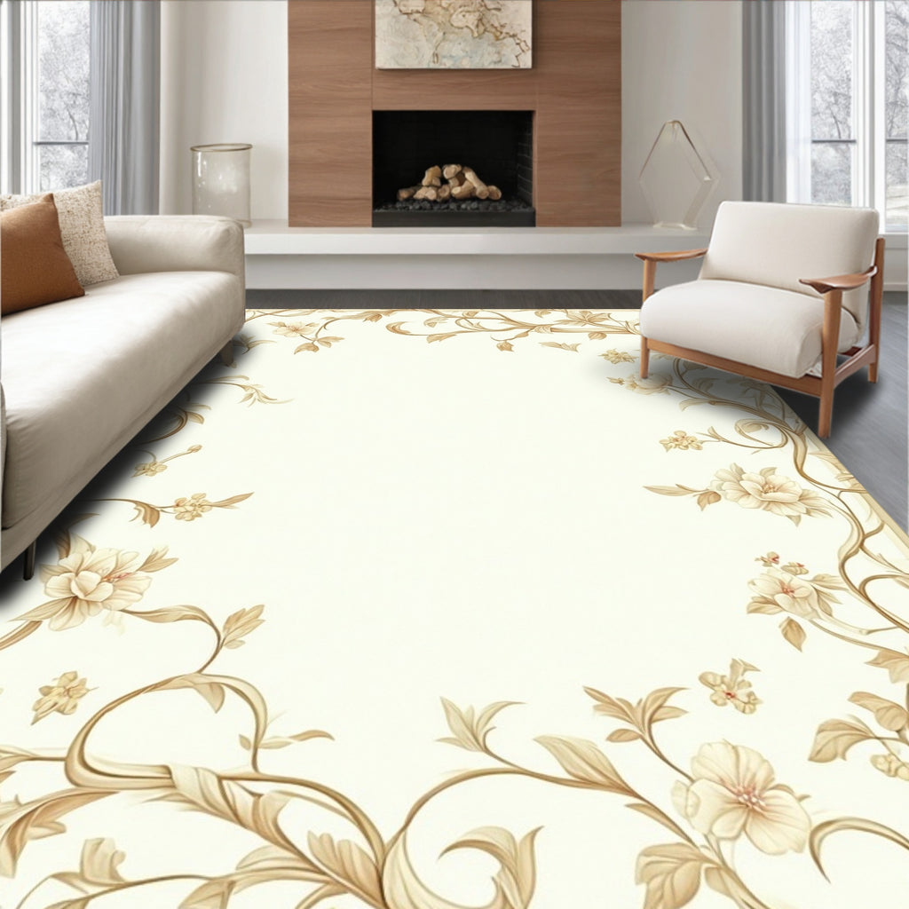 Elegant Floral Vines on Cream Rug
