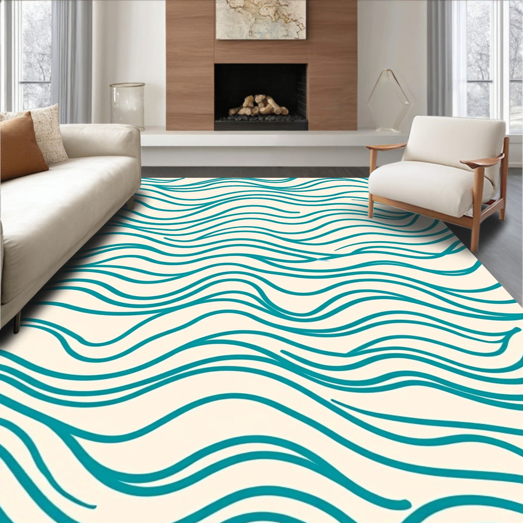 Abstract Teal Wave Pattern Rug