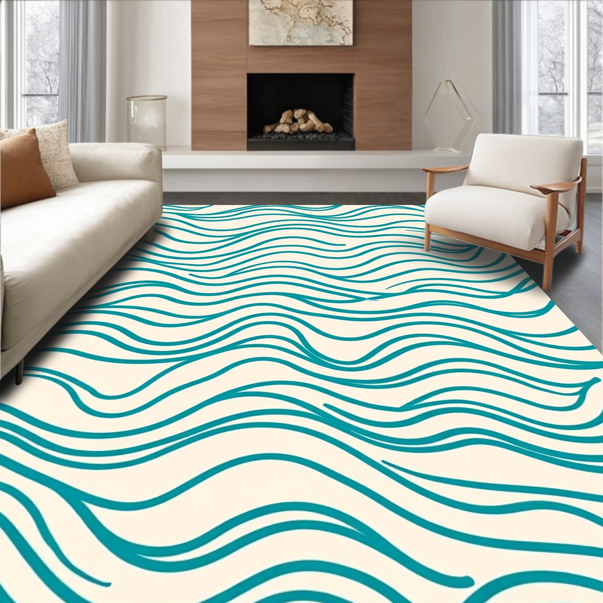 Abstract Teal Wave Pattern Rug