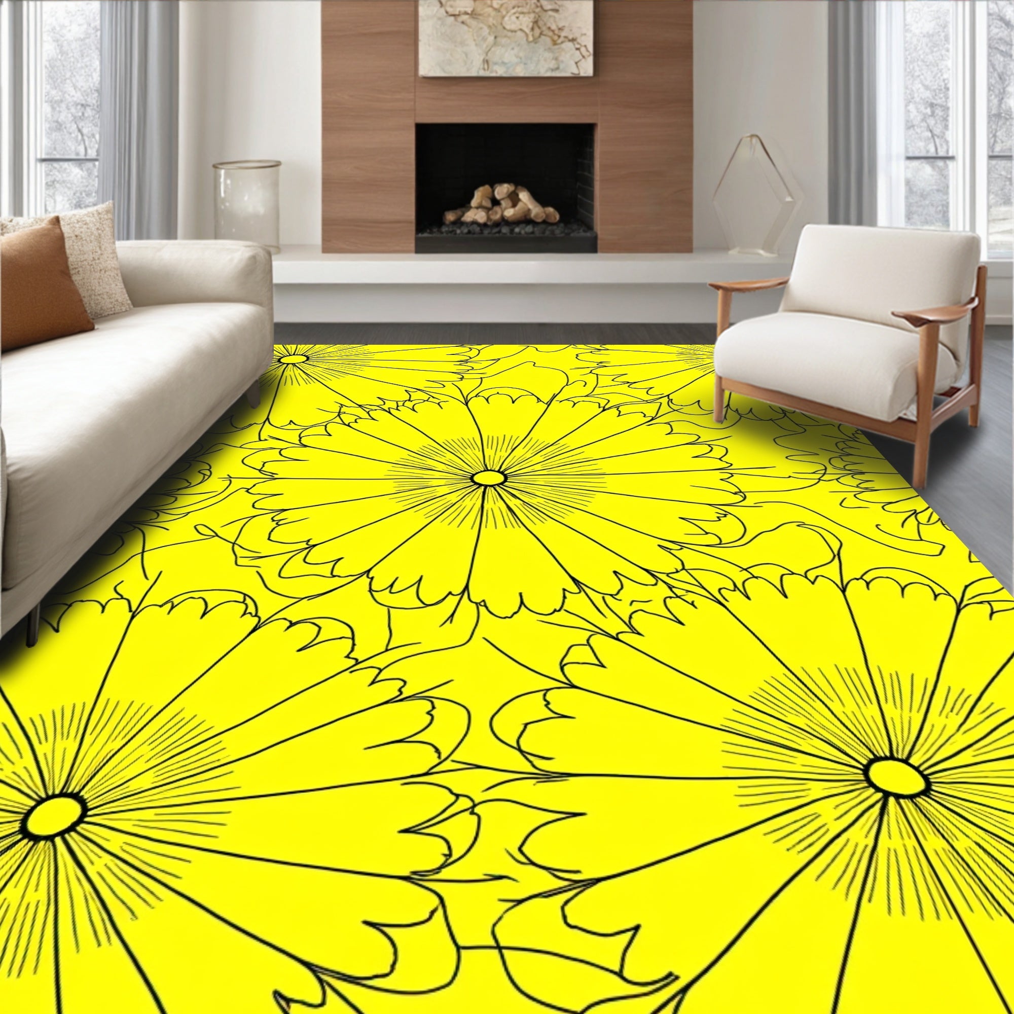 Bold Yellow Daisy Floral Design Rug