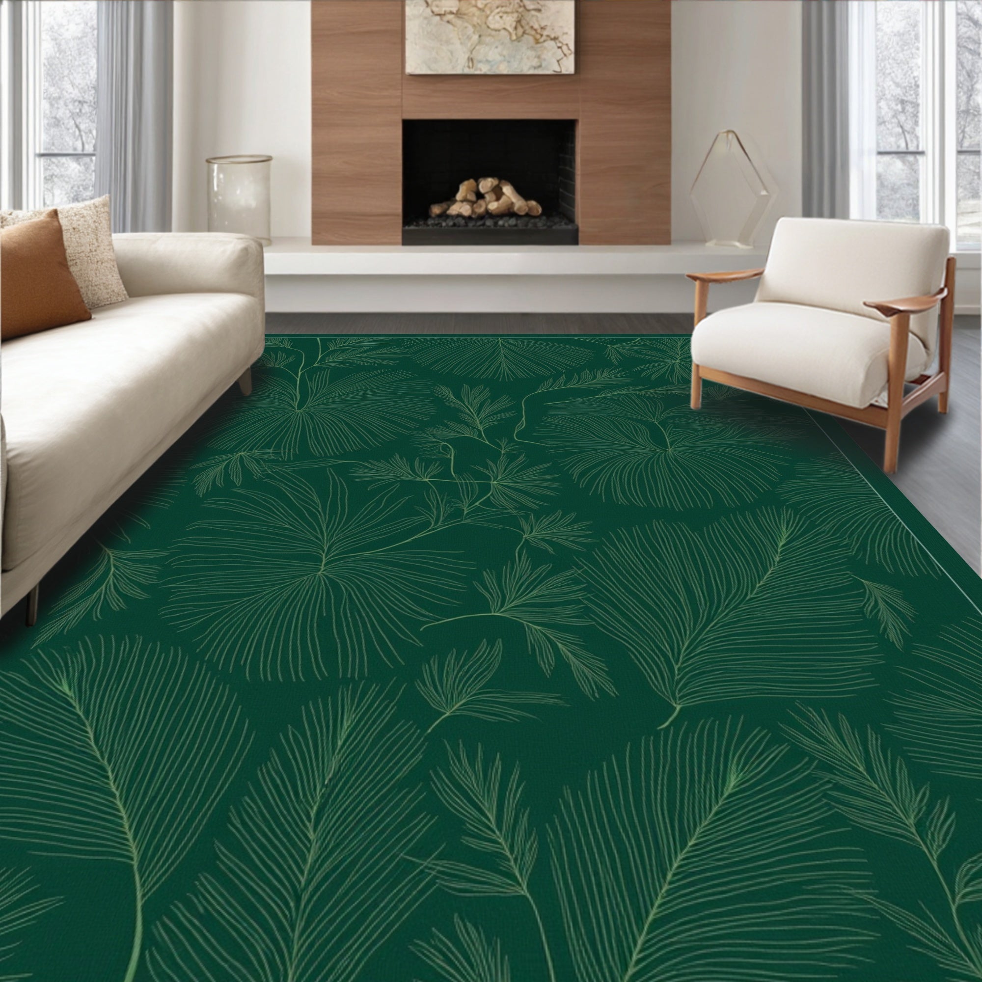 Botanical Line Art Green Pattern Rug