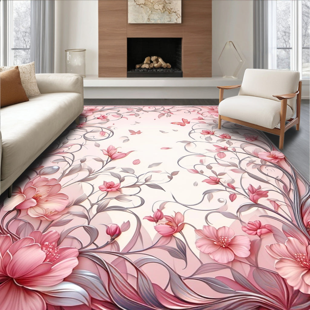 Pink Floral Swirls Butterfly Design Rug