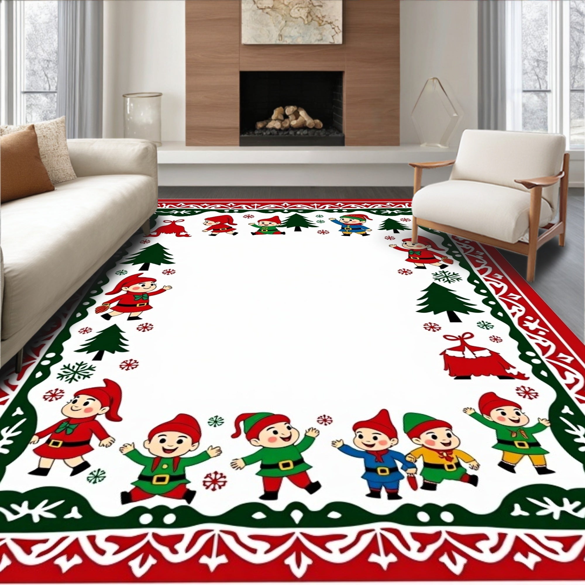 Whimsical Christmas Elves Border Rug