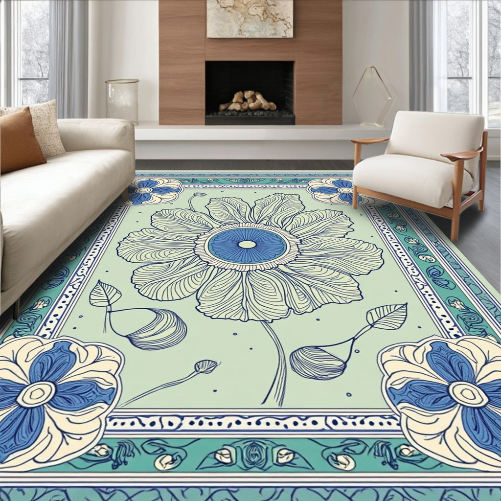 Floral Botanical Motif With Blue Accents Rug