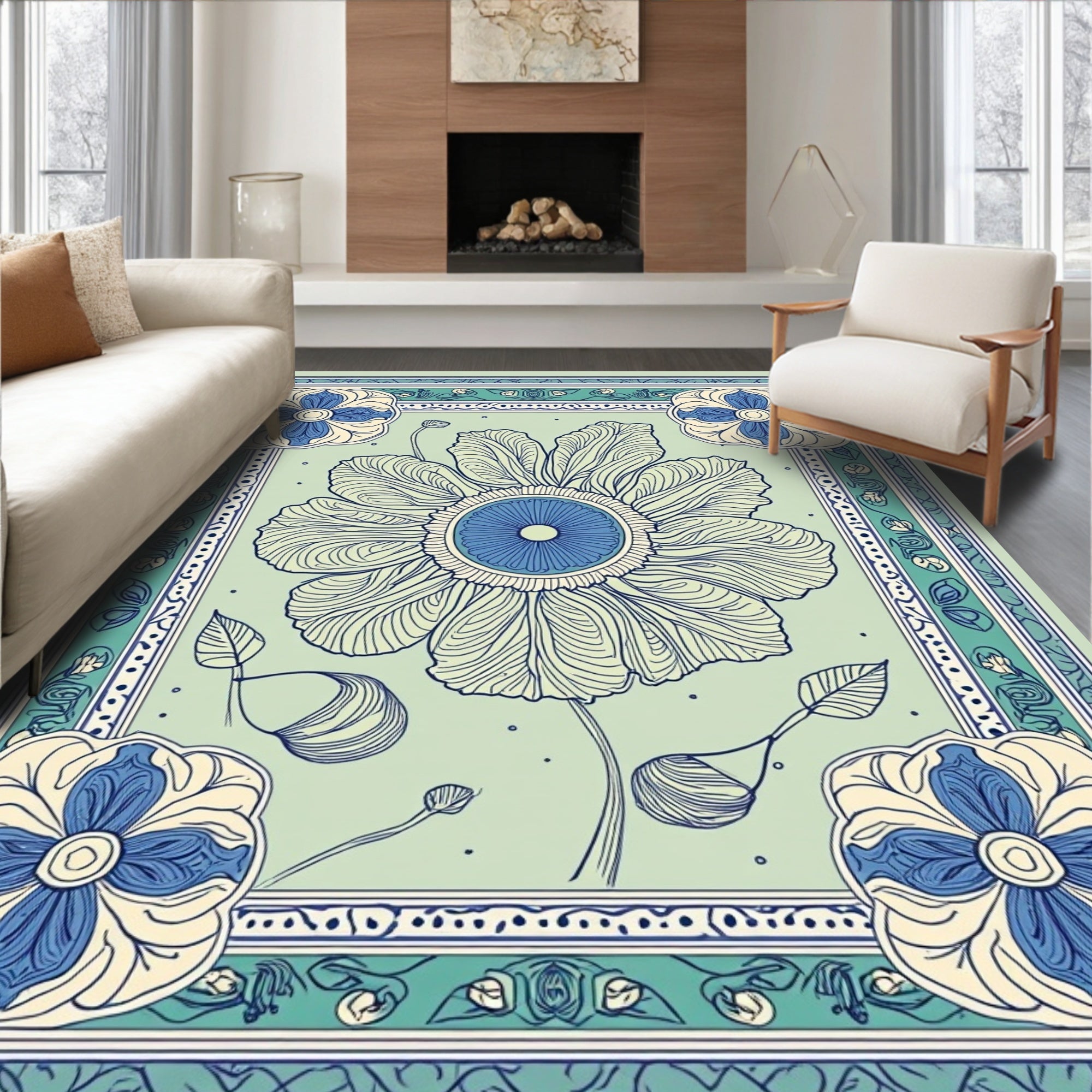 Floral Botanical Motif With Blue Accents Rug