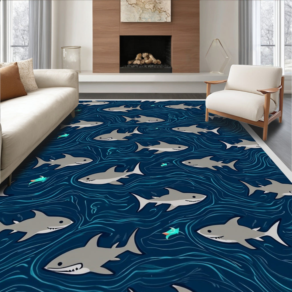 Playful Shark Fish Aqua Ocean Pattern Rug