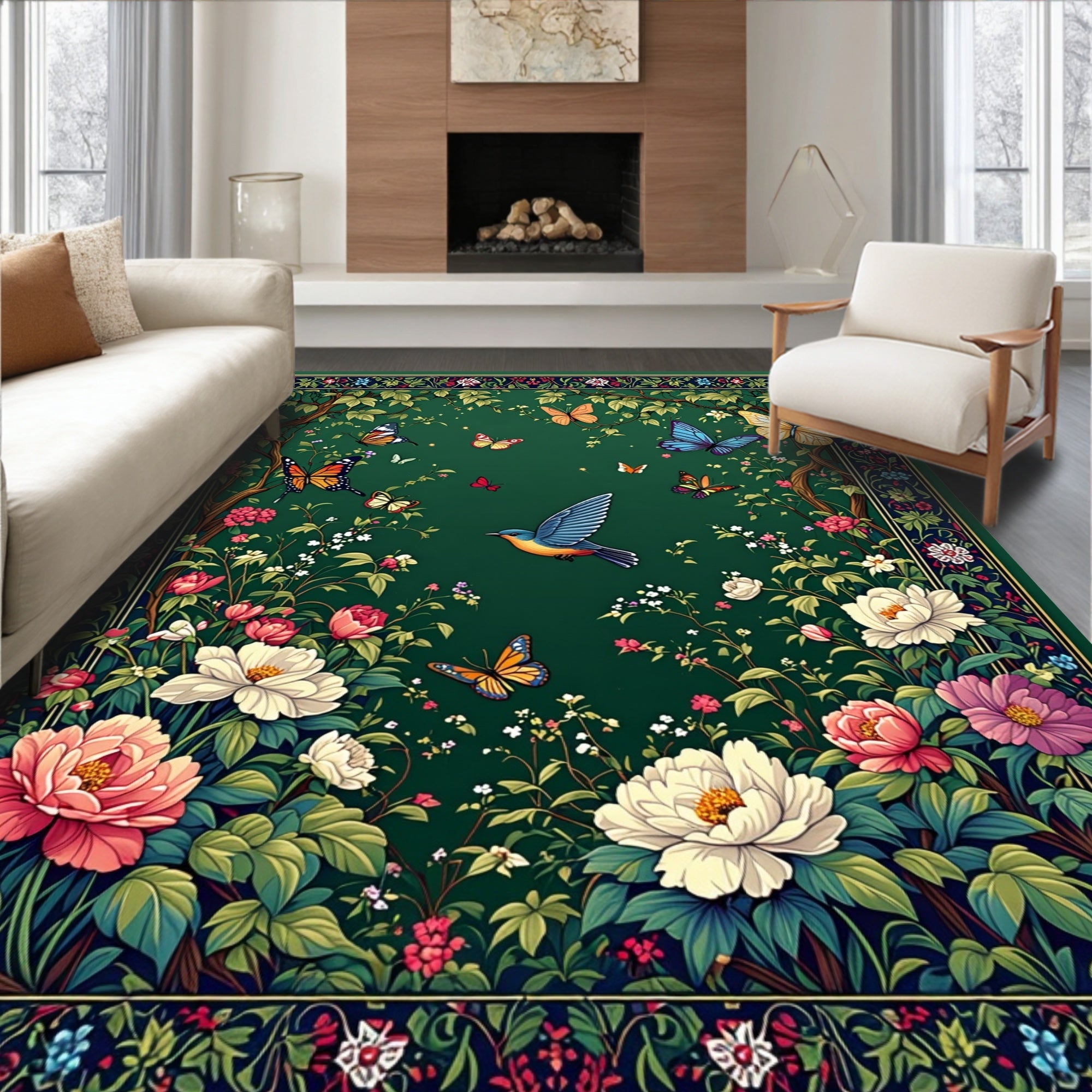 Enchanted Garden Bird Butterfly Design Rug