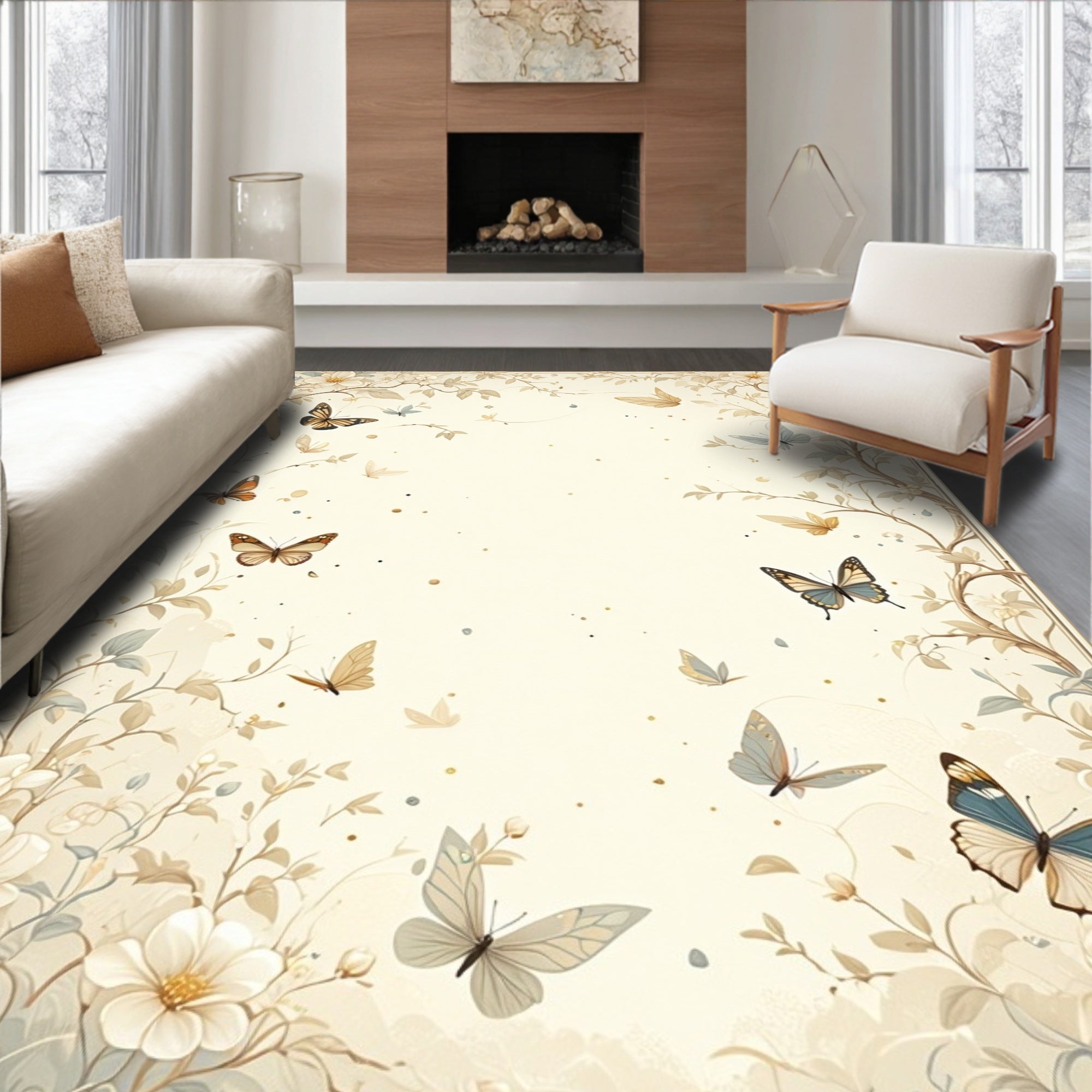 Nature Inspired Butterfly Floral Pattern Rug