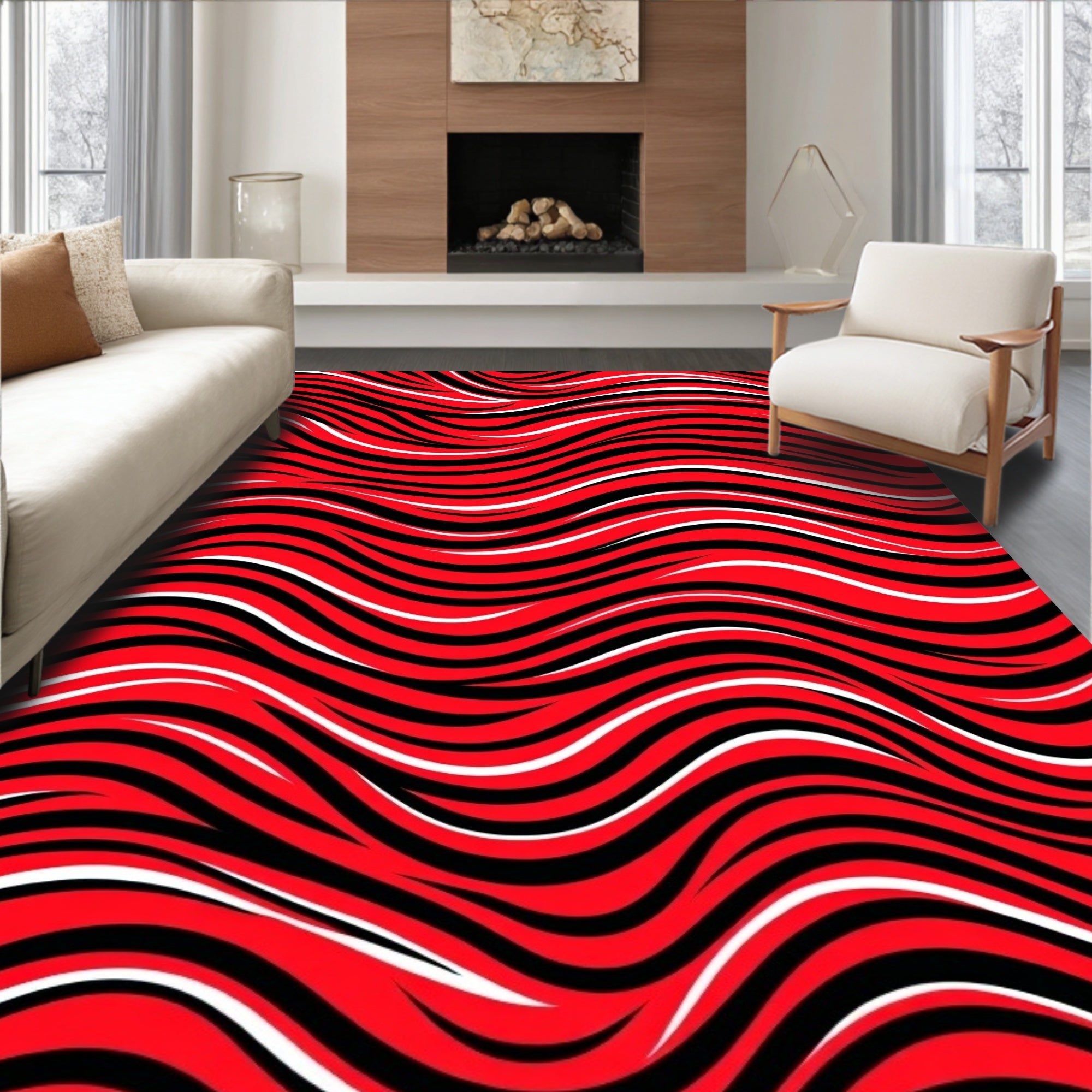 Bold Red Abstract Wave Pattern Rug