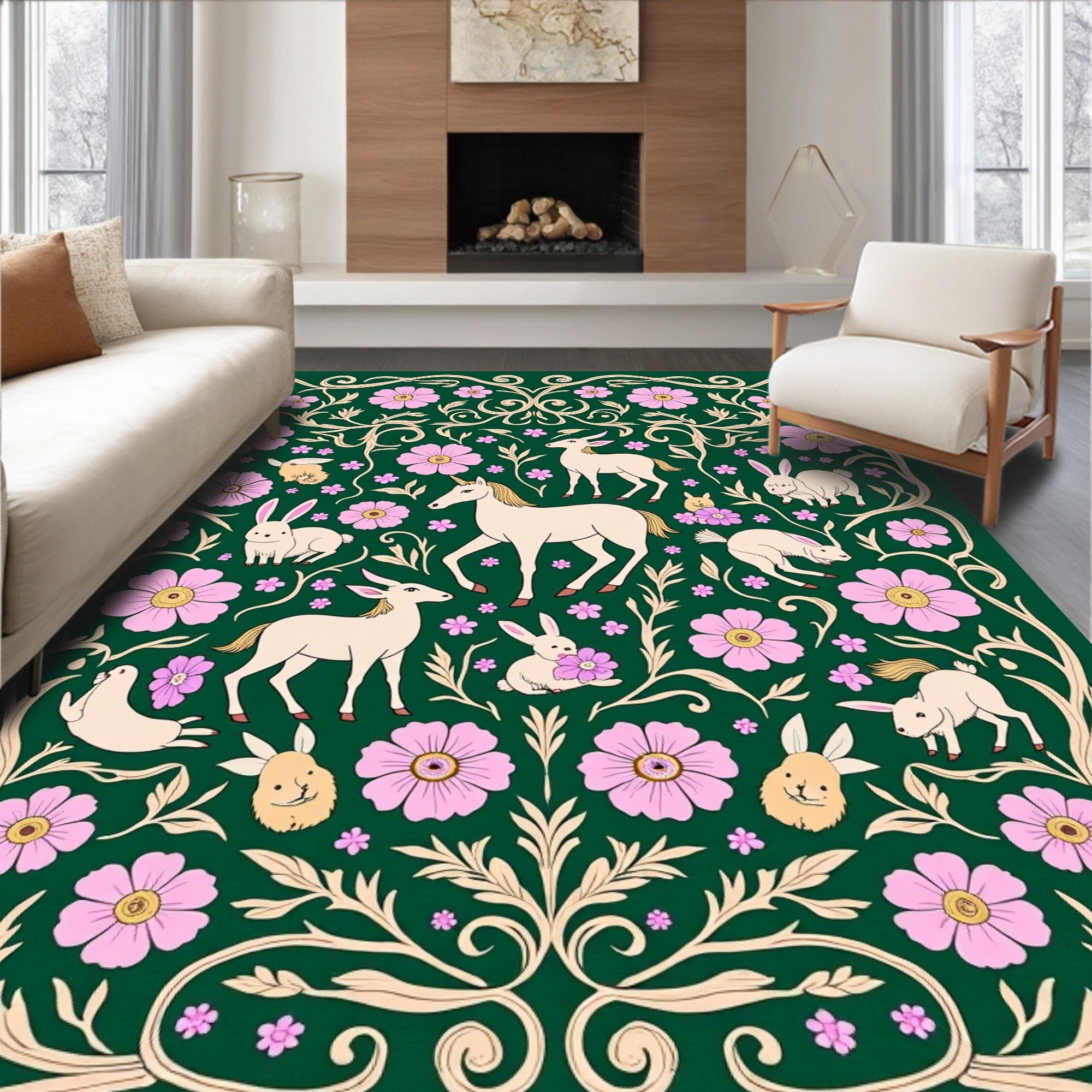 Mythical Creatures And Floral Whimsy Rug