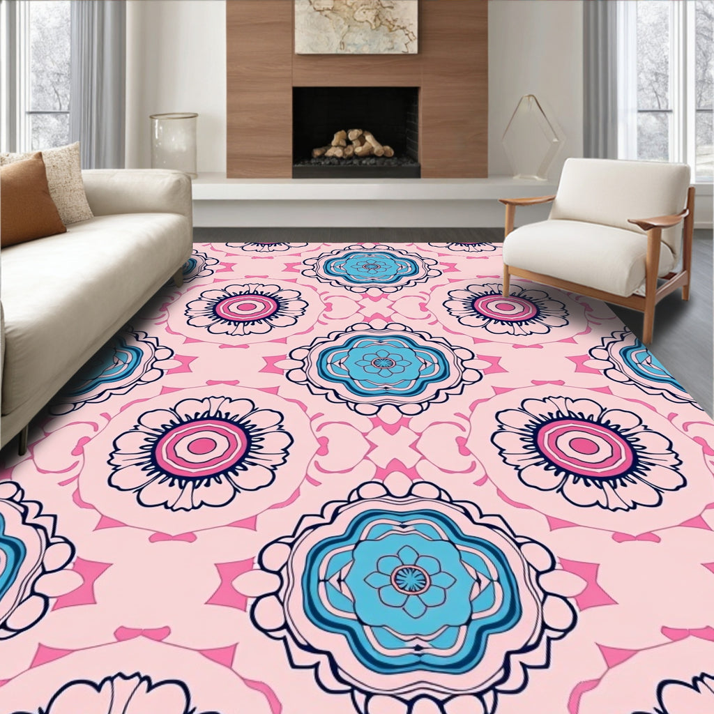 Pink Teal Floral Medallion Pattern Rug