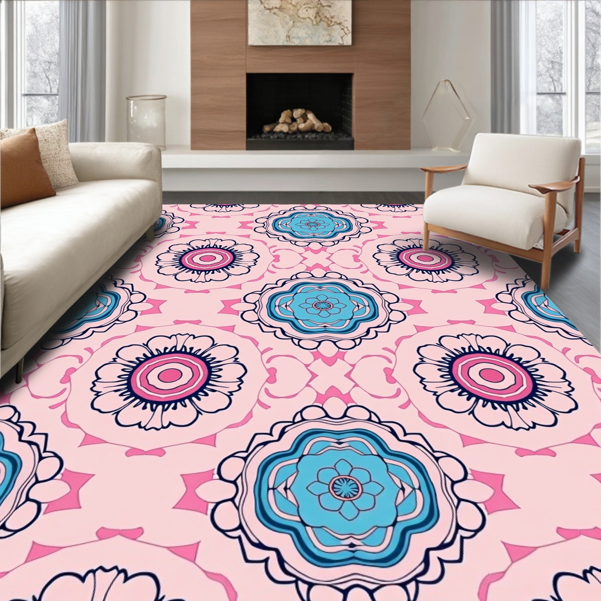 Pink Teal Floral Medallion Pattern Rug